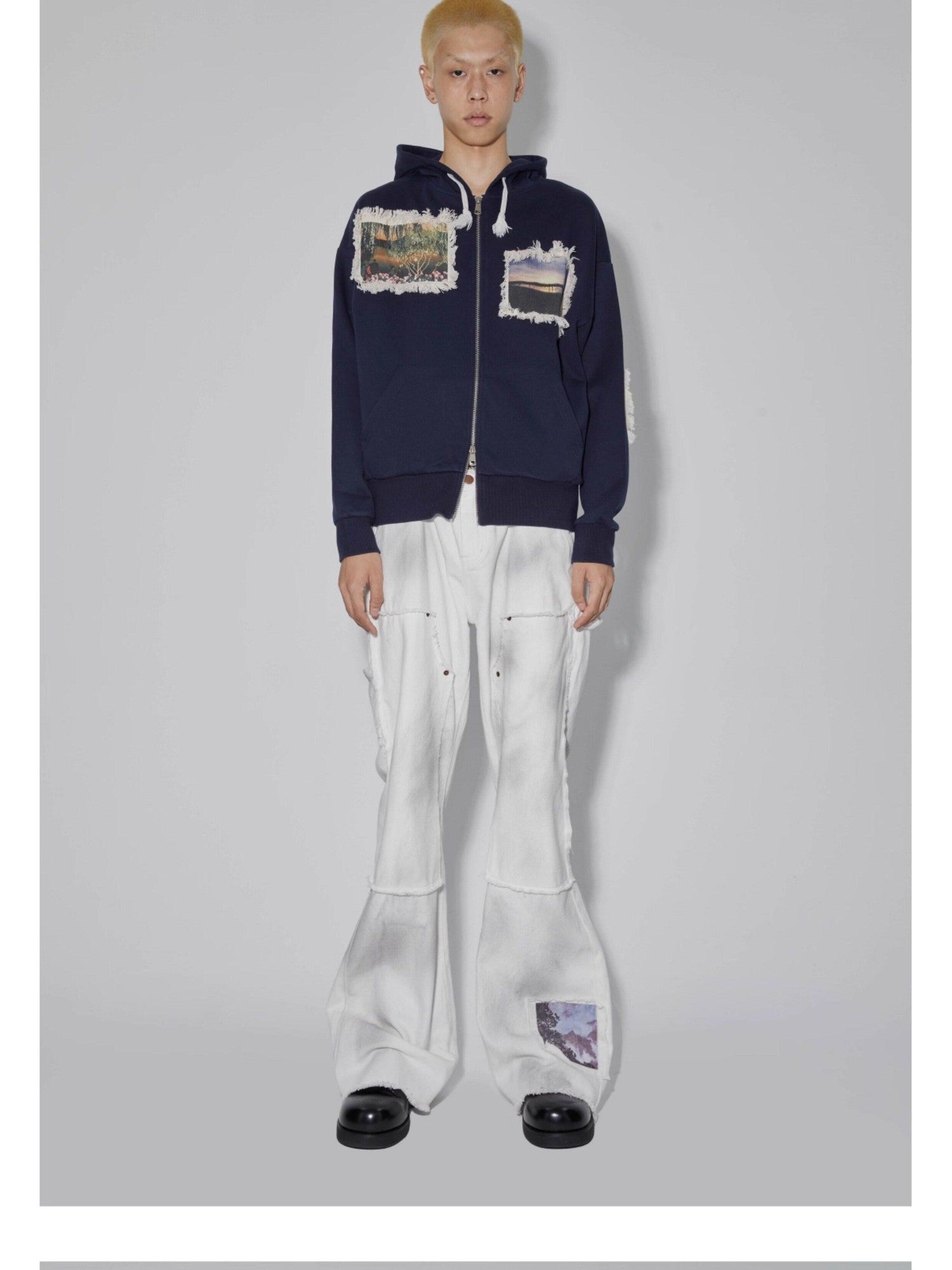 APRIORITY Navy Printed Hooded Loose Women's Brushed Cotton Blend Zip-up Hoodies