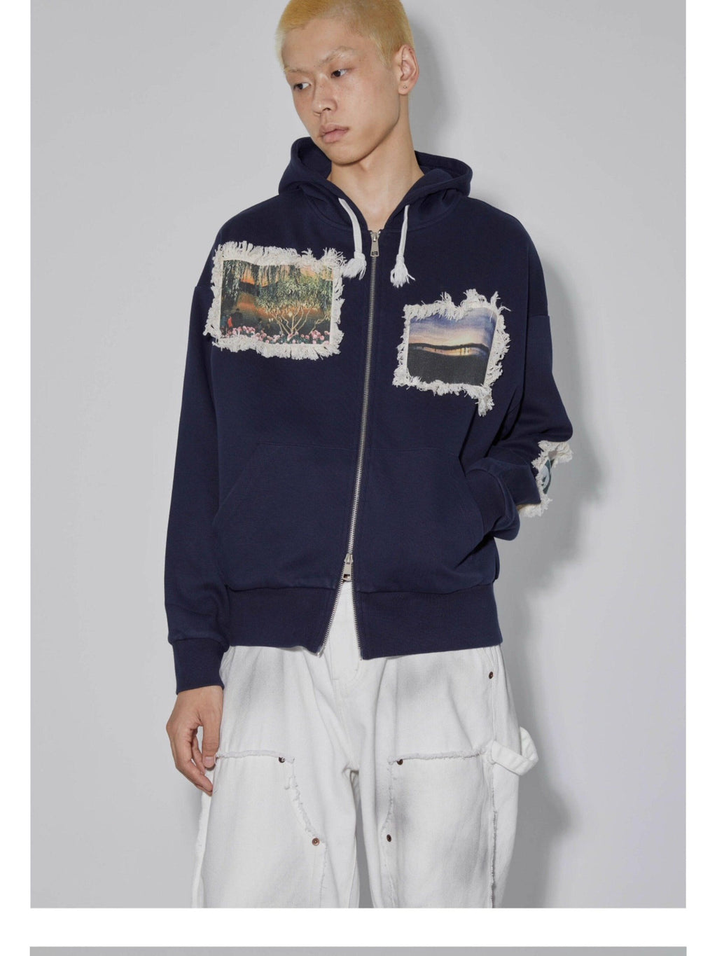 APRIORITY Navy Printed Hooded Loose Women's Brushed Cotton Blend Zip-up Hoodies