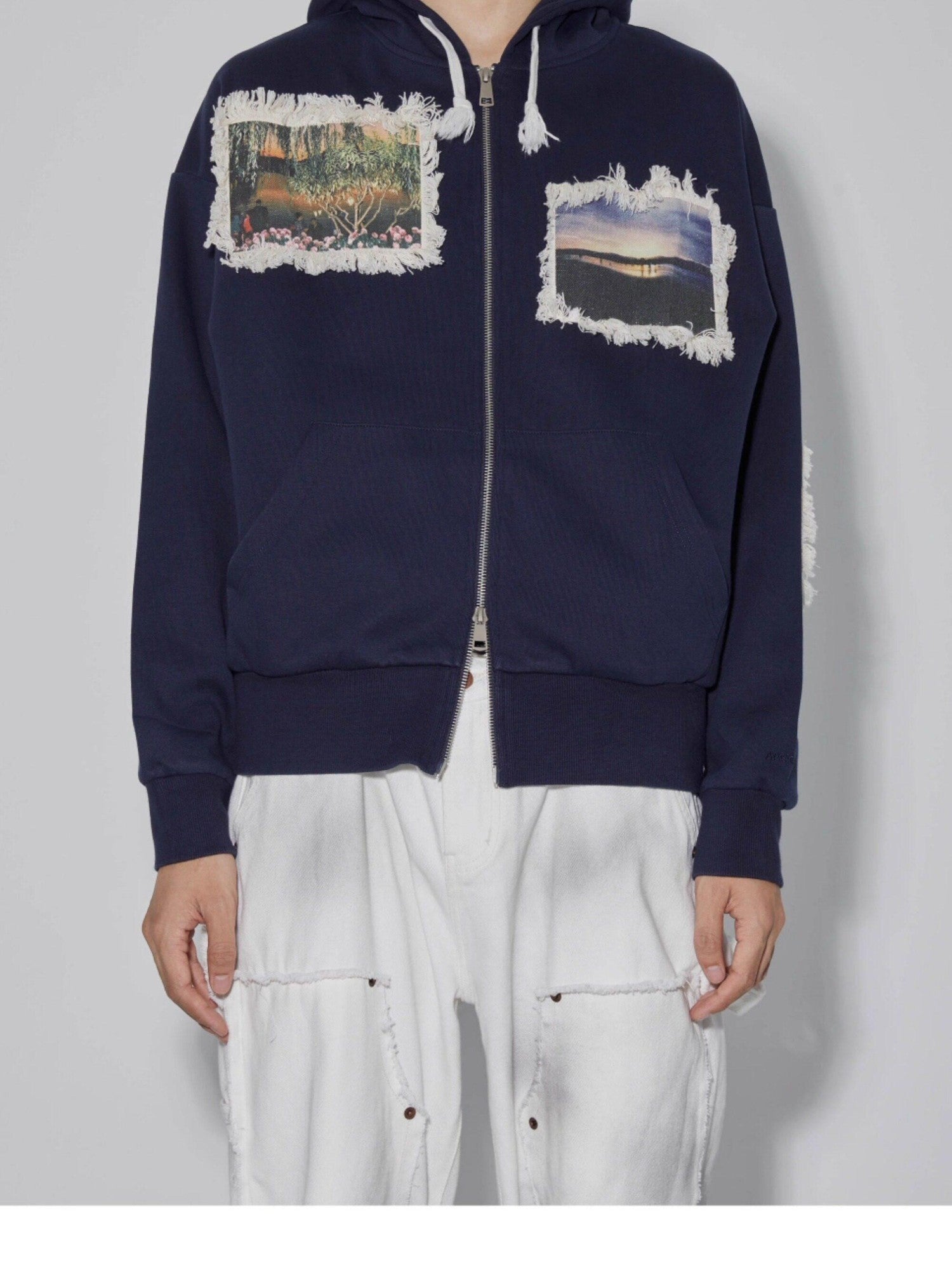 APRIORITY Navy Printed Hooded Loose Women's Brushed Cotton Blend Zip-up Hoodies