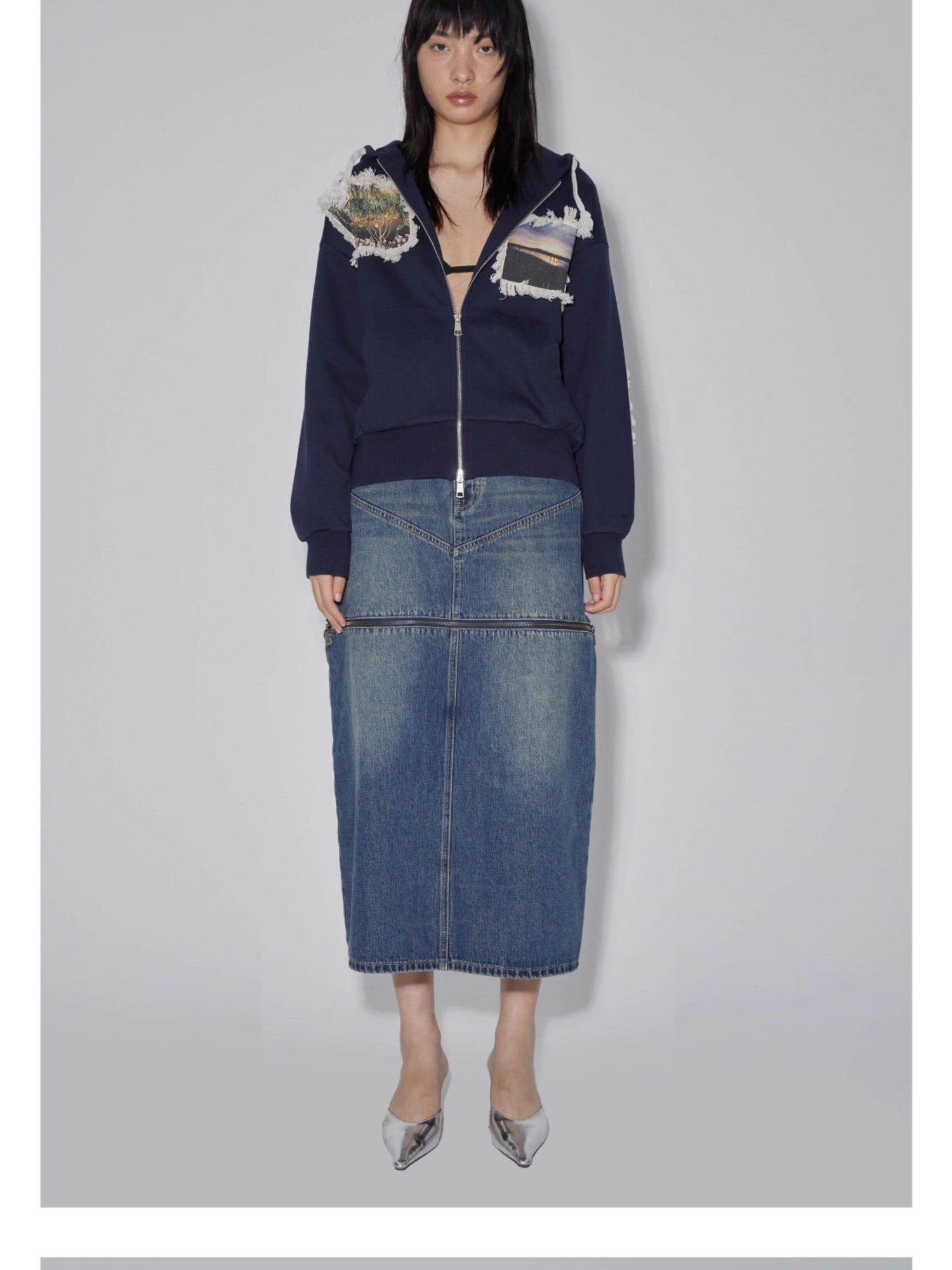 APRIORITY Navy Printed Hooded Loose Women's Brushed Cotton Blend Zip-up Hoodies