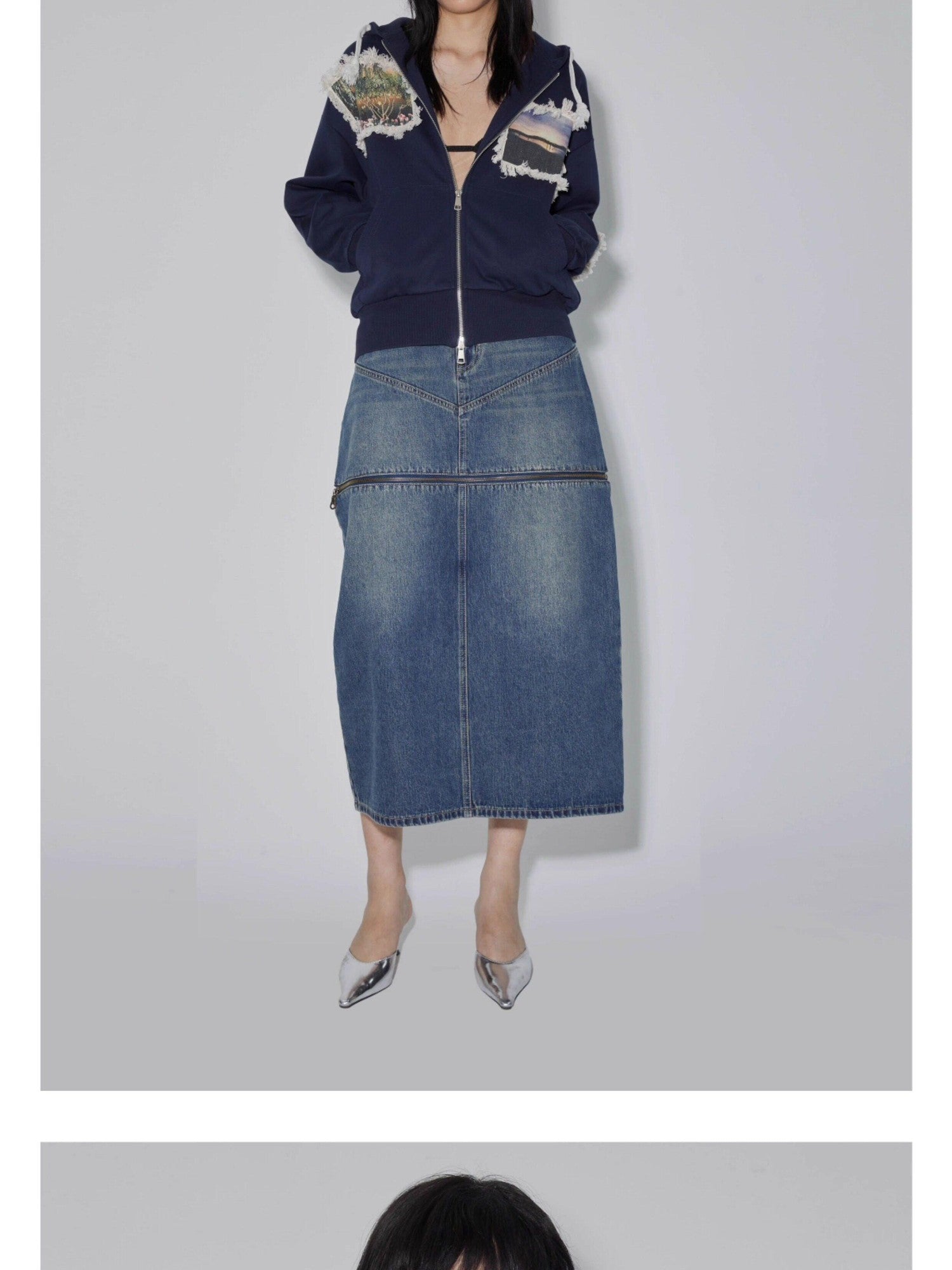 APRIORITY Navy Printed Hooded Loose Women's Brushed Cotton Blend Zip-up Hoodies