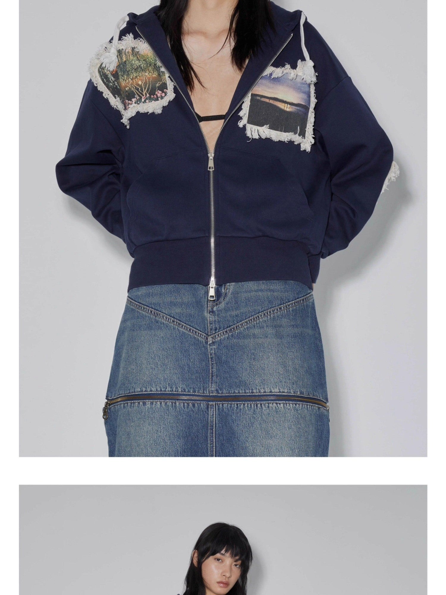 APRIORITY Navy Printed Hooded Loose Women's Brushed Cotton Blend Zip-up Hoodies
