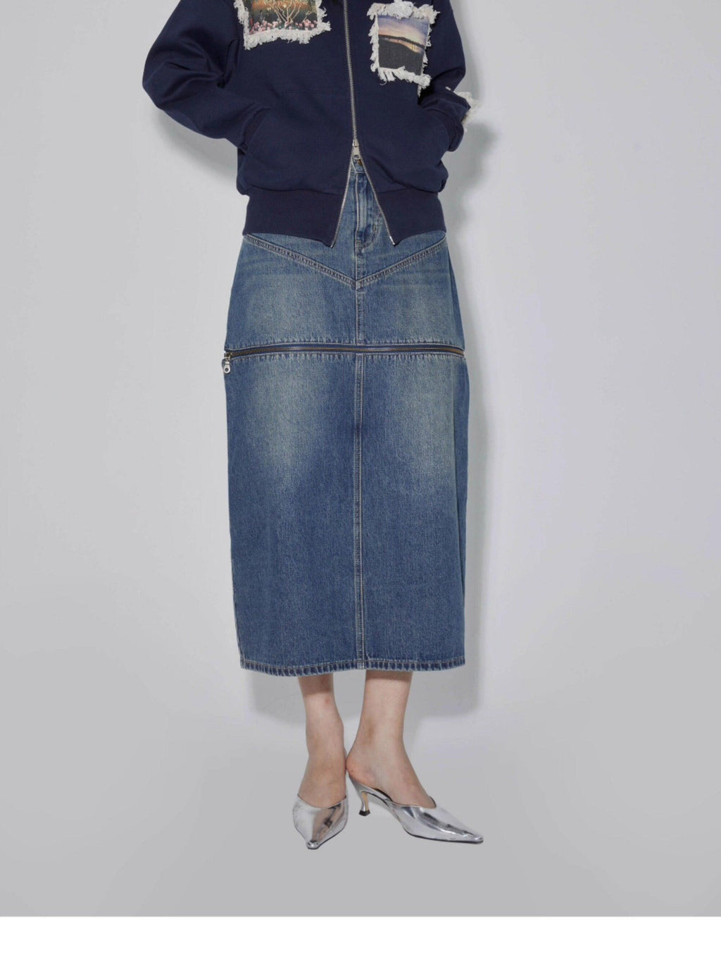 APRIORITY Navy Printed Hooded Loose Women's Brushed Cotton Blend Zip-up Hoodies