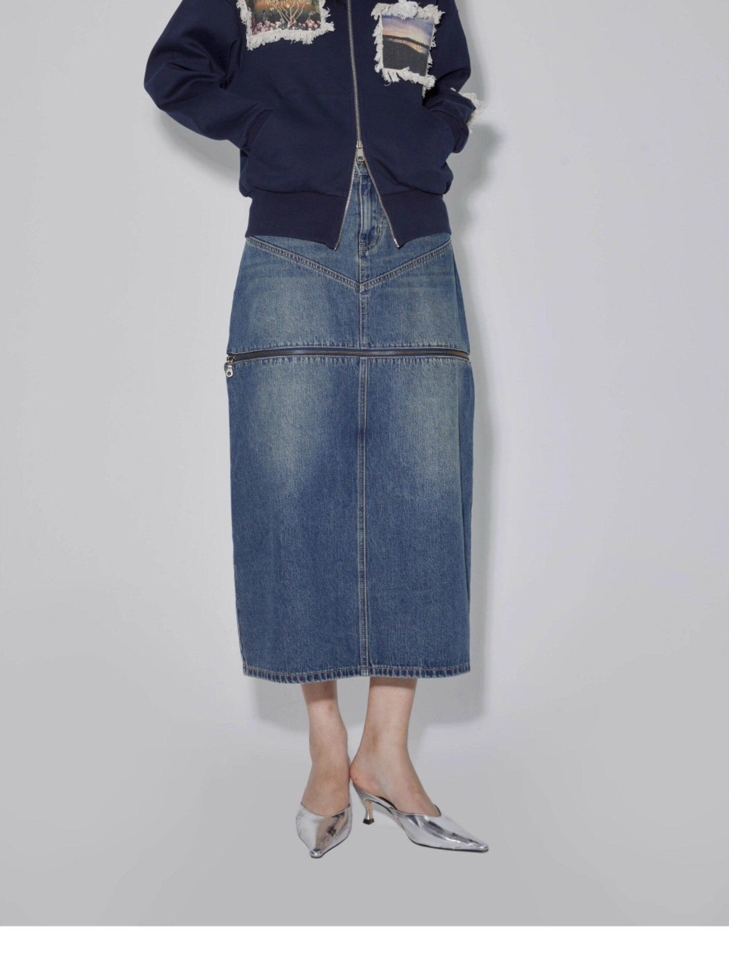 APRIORITY Navy Printed Hooded Loose Women's Brushed Cotton Blend Zip-up Hoodies