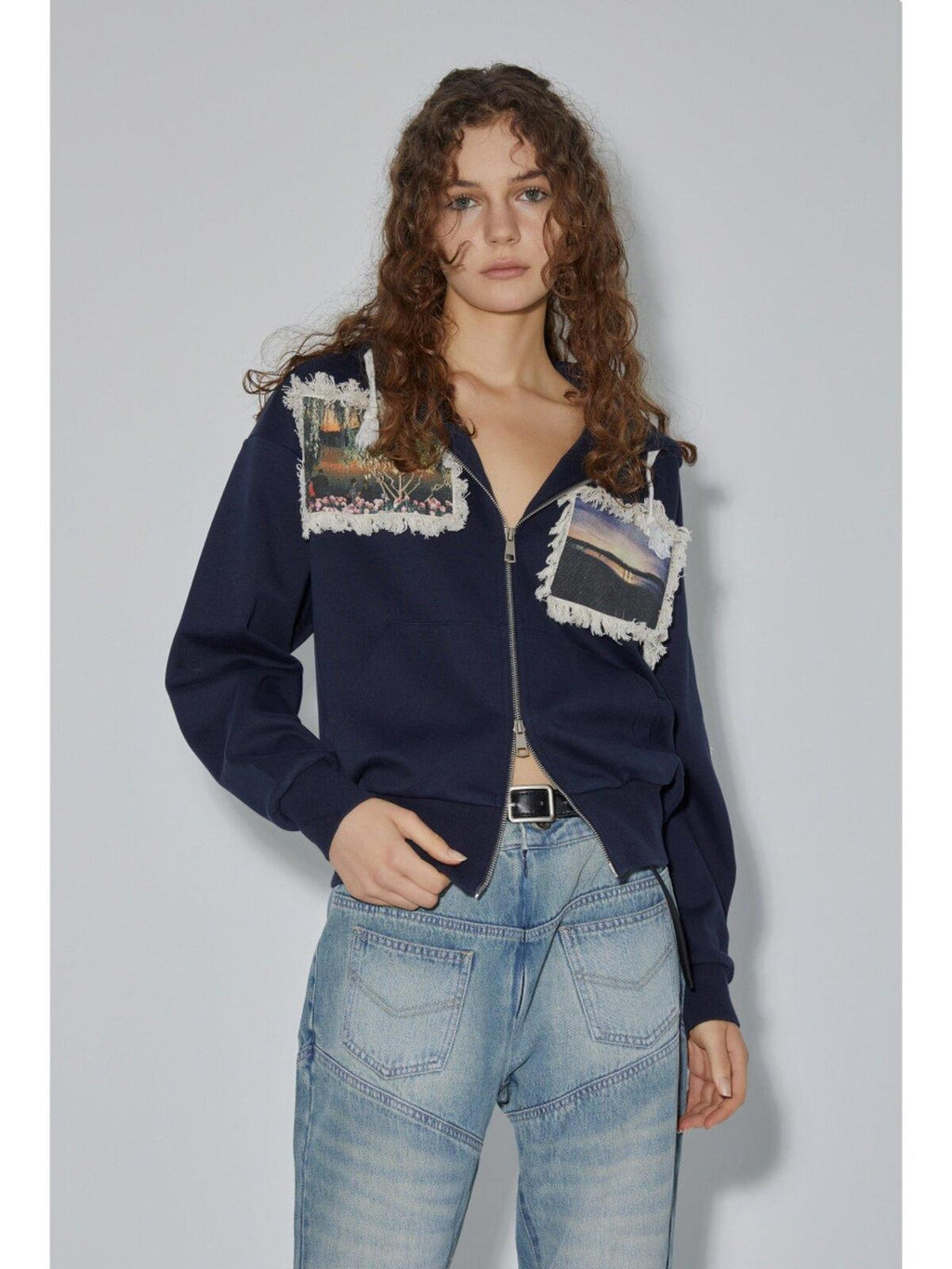 APRIORITY Navy Printed Hooded Loose Women's Brushed Cotton Blend Zip-up Hoodies