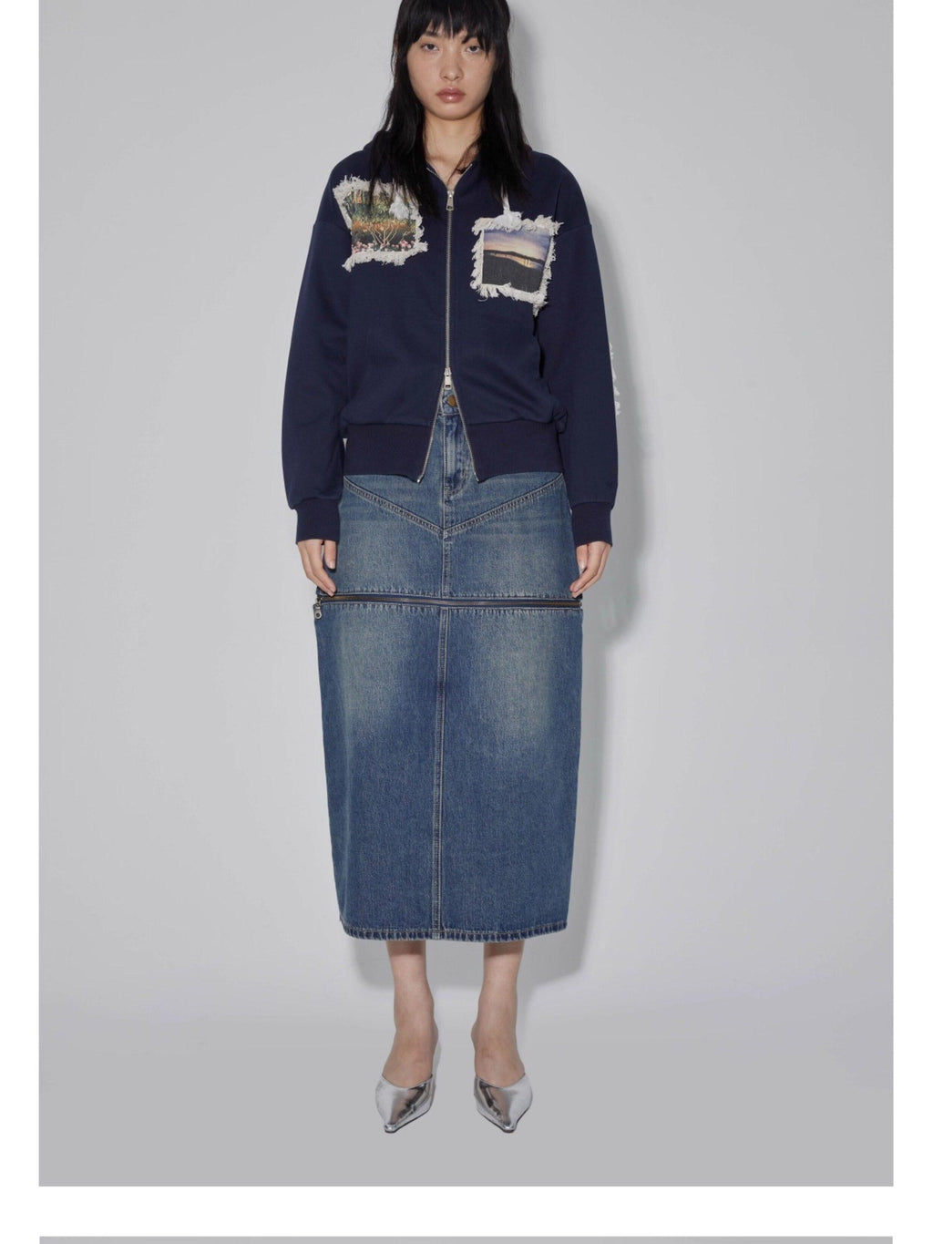 APRIORITY Navy Printed Hooded Loose Women's Brushed Cotton Blend Zip-up Hoodies