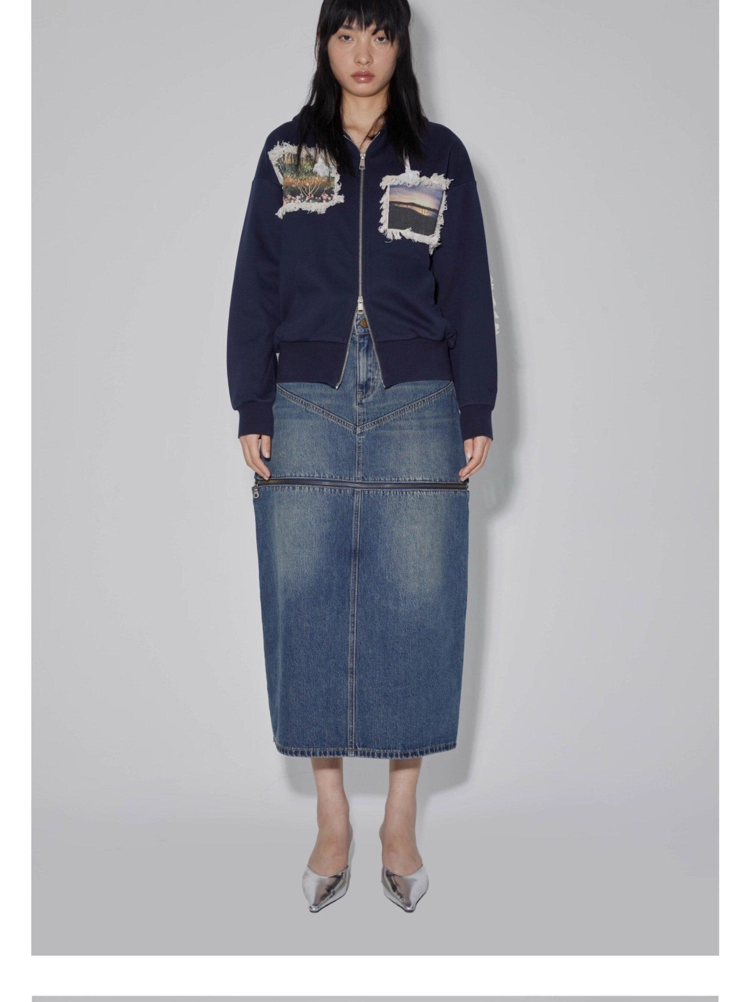 APRIORITY Navy Printed Hooded Loose Women's Brushed Cotton Blend Zip-up Hoodies
