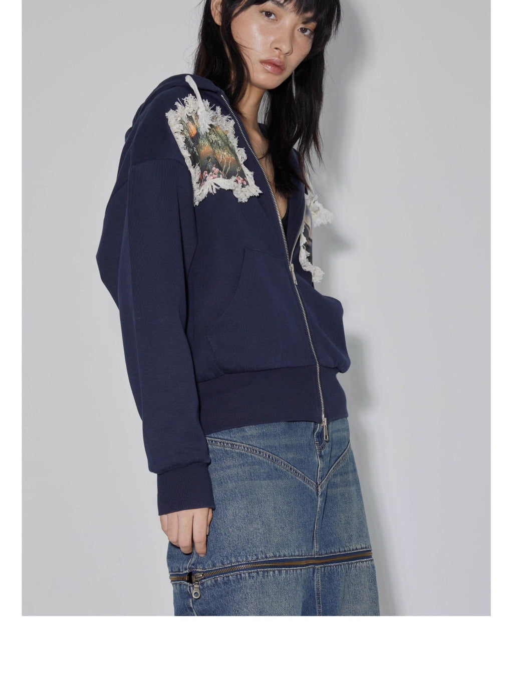 APRIORITY Navy Printed Hooded Loose Women's Brushed Cotton Blend Zip-up Hoodies