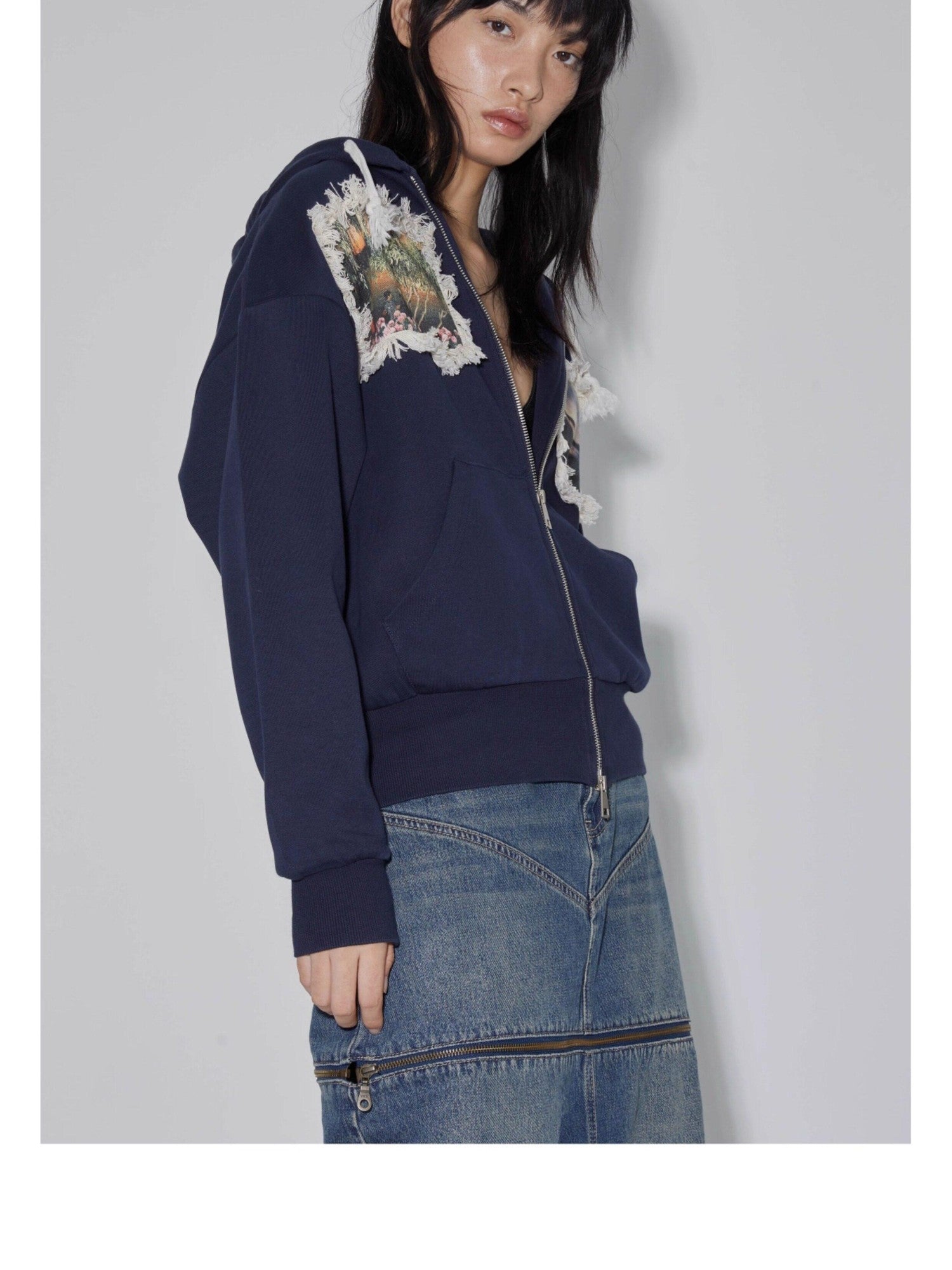 APRIORITY Navy Printed Hooded Loose Women's Brushed Cotton Blend Zip-up Hoodies