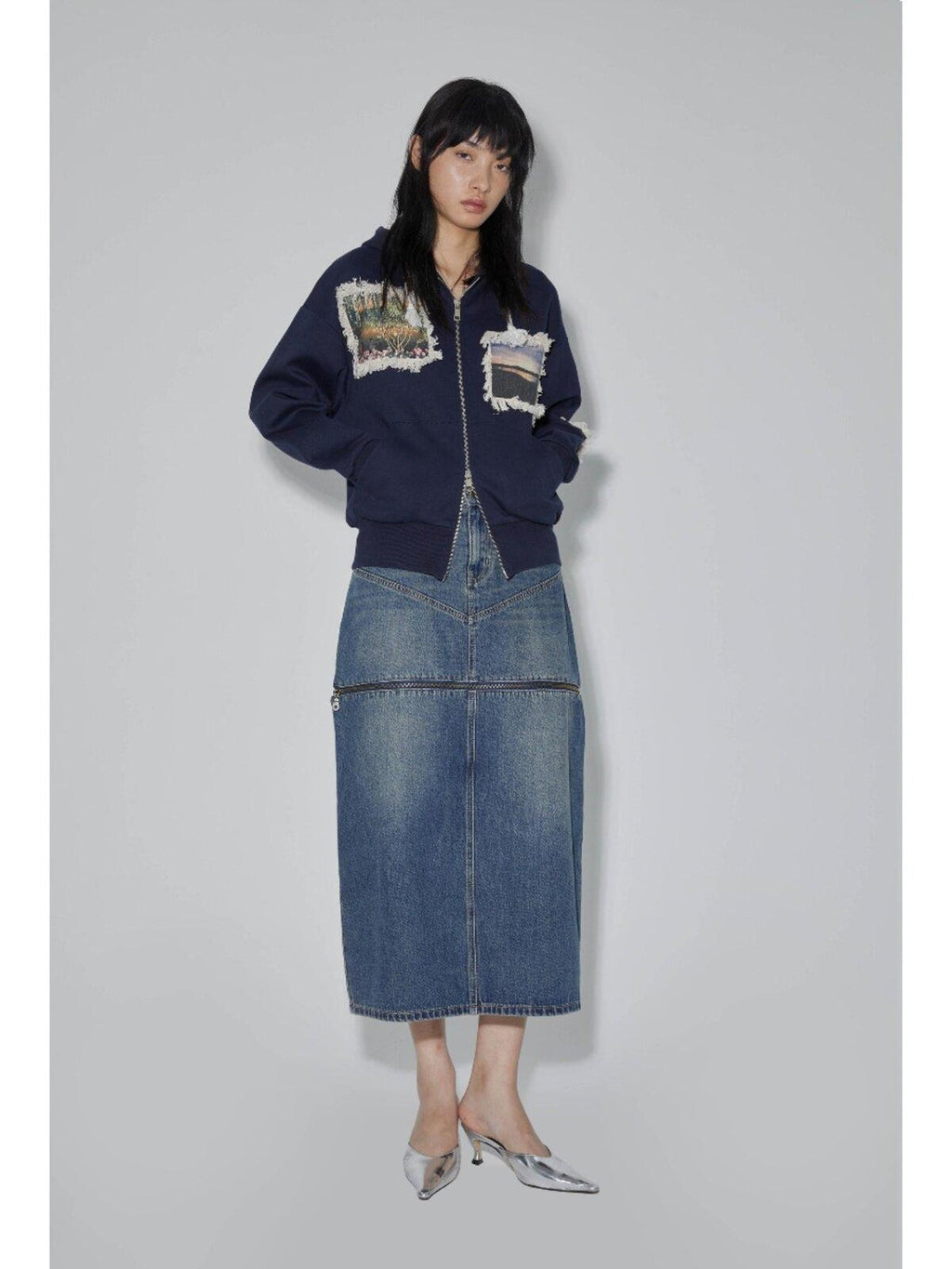 APRIORITY Navy Printed Hooded Loose Women's Brushed Cotton Blend Zip-up Hoodies