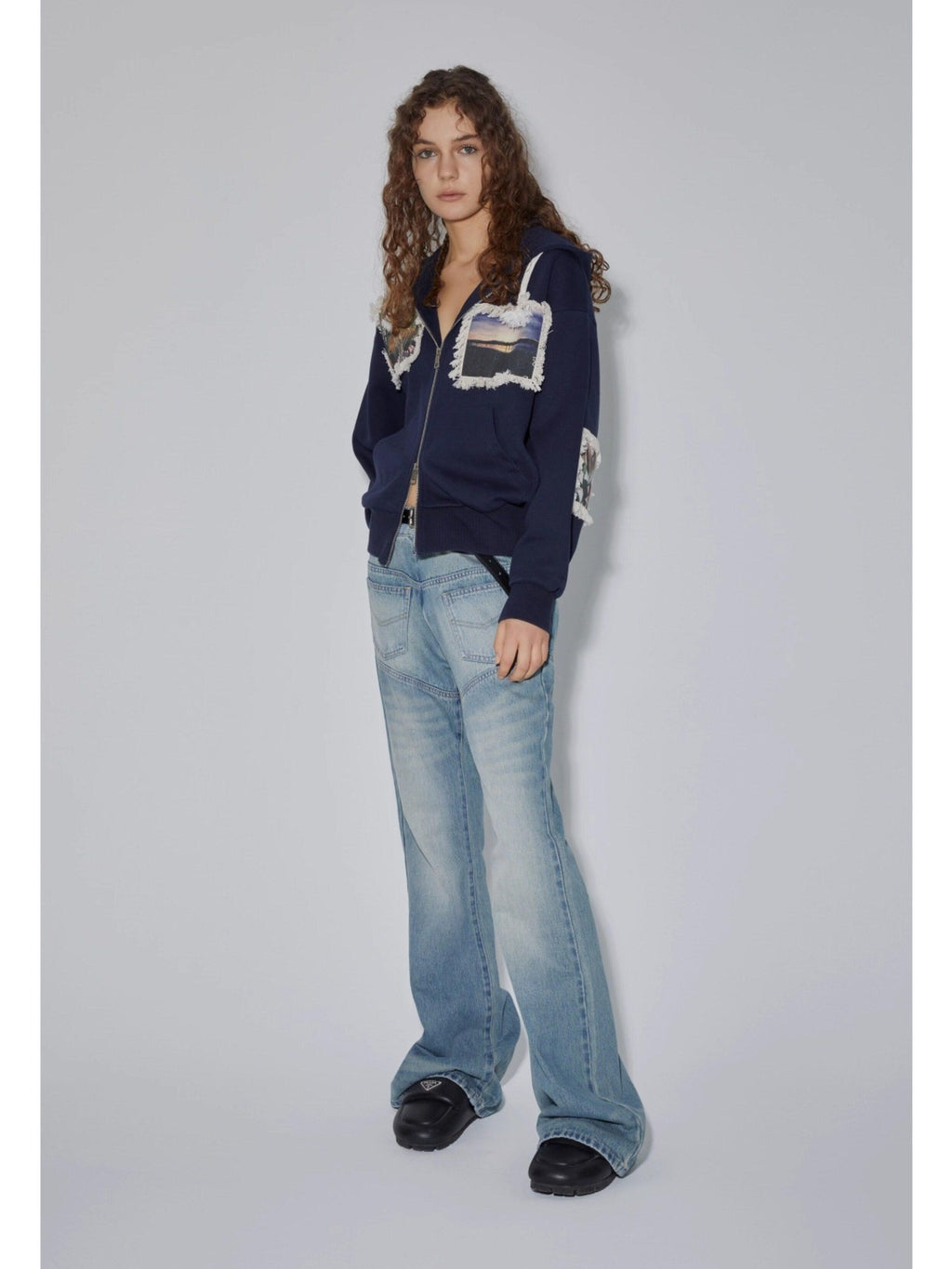 APRIORITY Navy Printed Hooded Loose Women's Brushed Cotton Blend Zip-up Hoodies