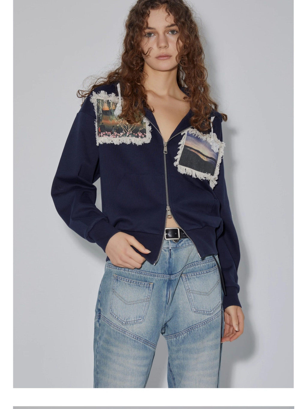 APRIORITY Navy Printed Hooded Loose Women's Brushed Cotton Blend Zip-up Hoodies