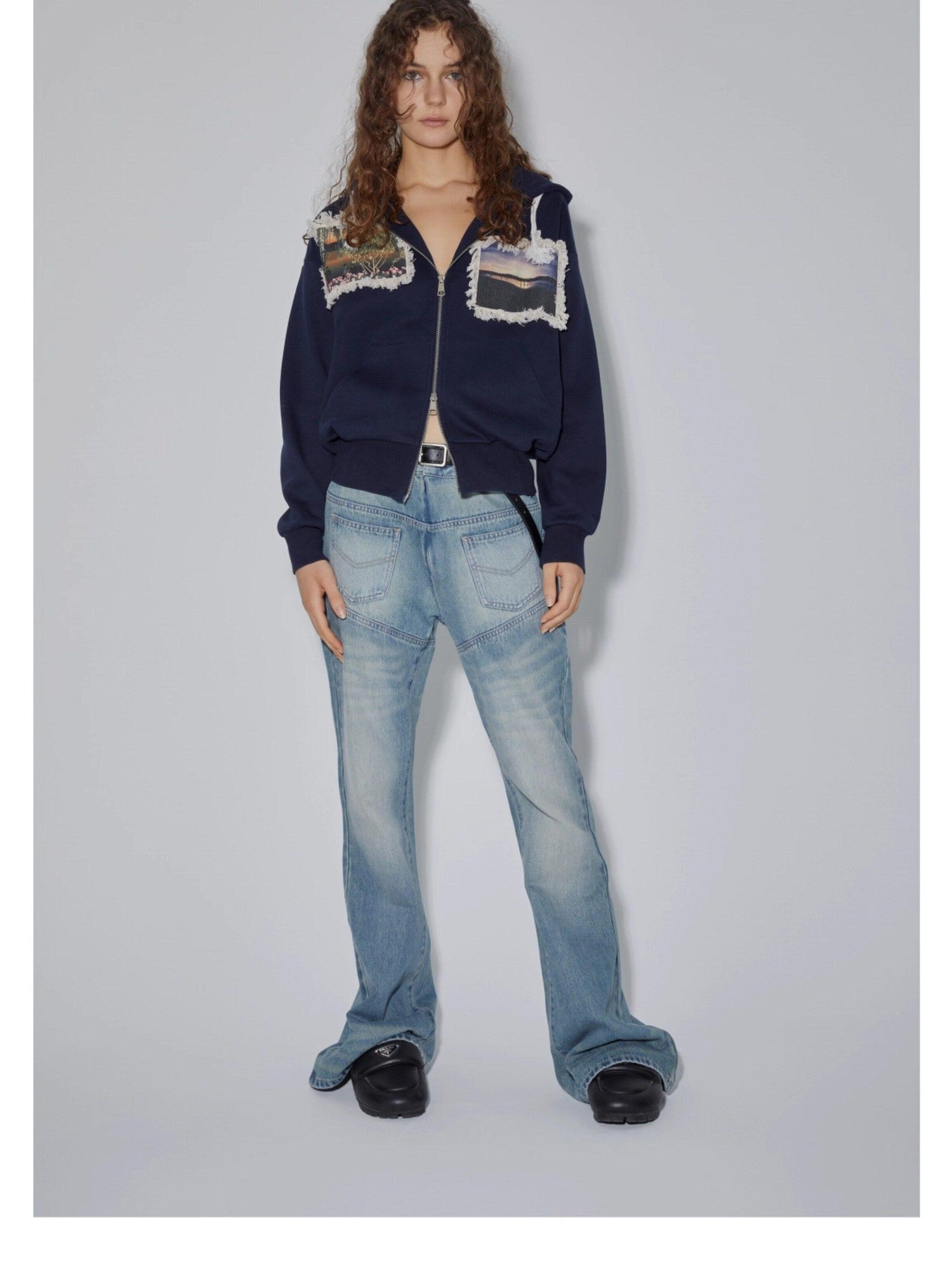 APRIORITY Navy Printed Hooded Loose Women's Brushed Cotton Blend Zip-up Hoodies