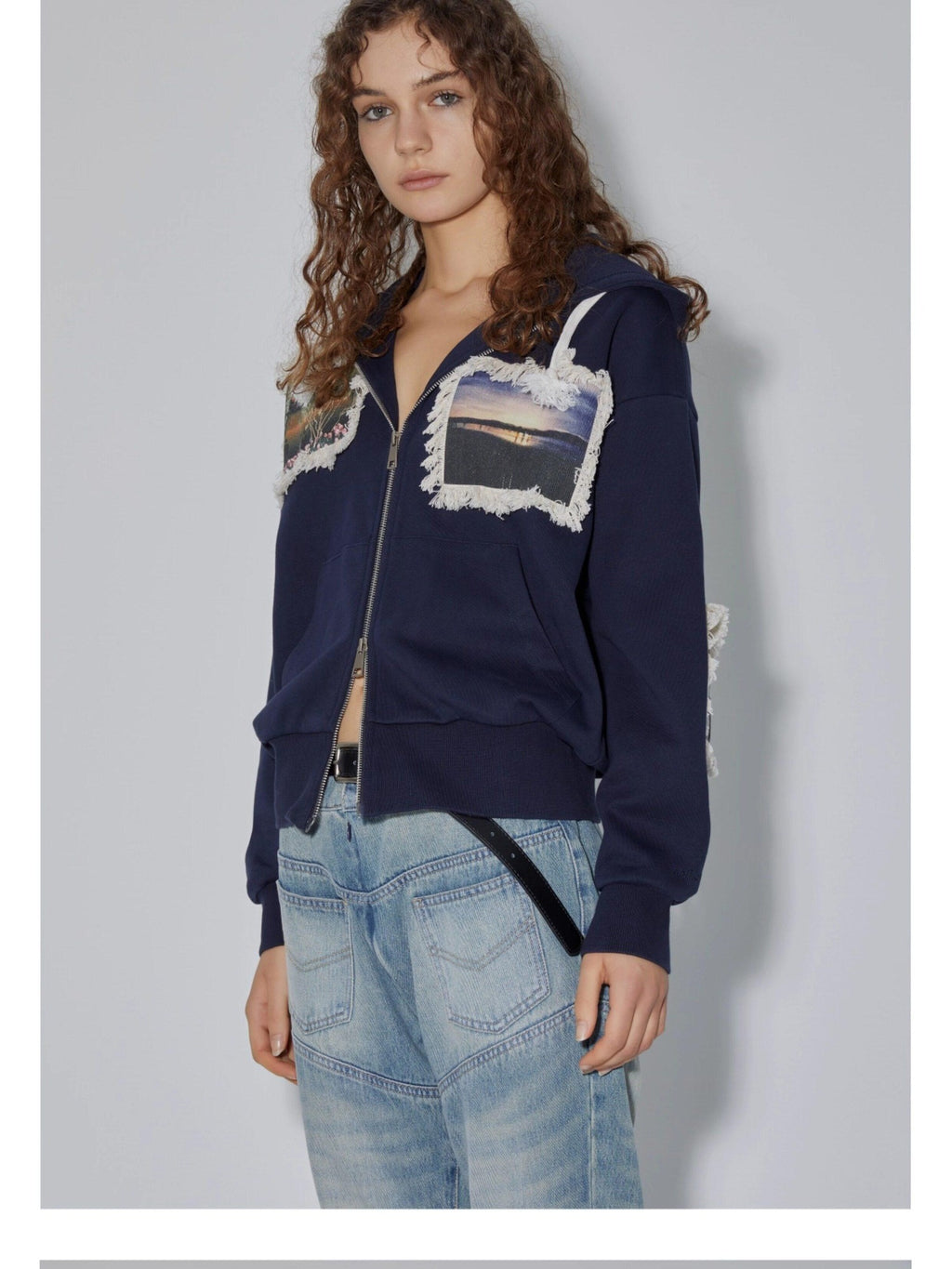 APRIORITY Navy Printed Hooded Loose Women's Brushed Cotton Blend Zip-up Hoodies