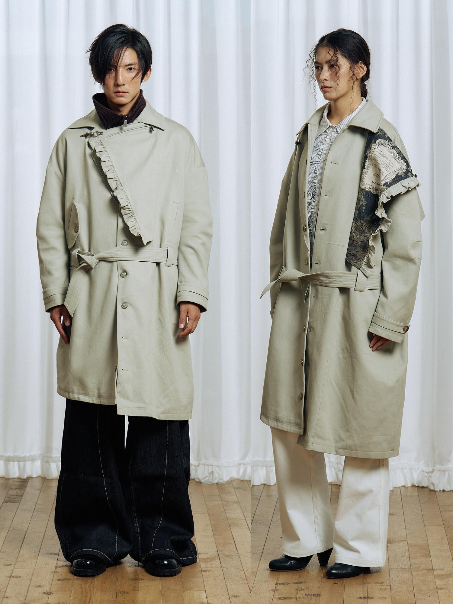APRIORITY Off White Asymmetric Metal Buckle Women's Cotton Lyocell Blend Long Trench Coats