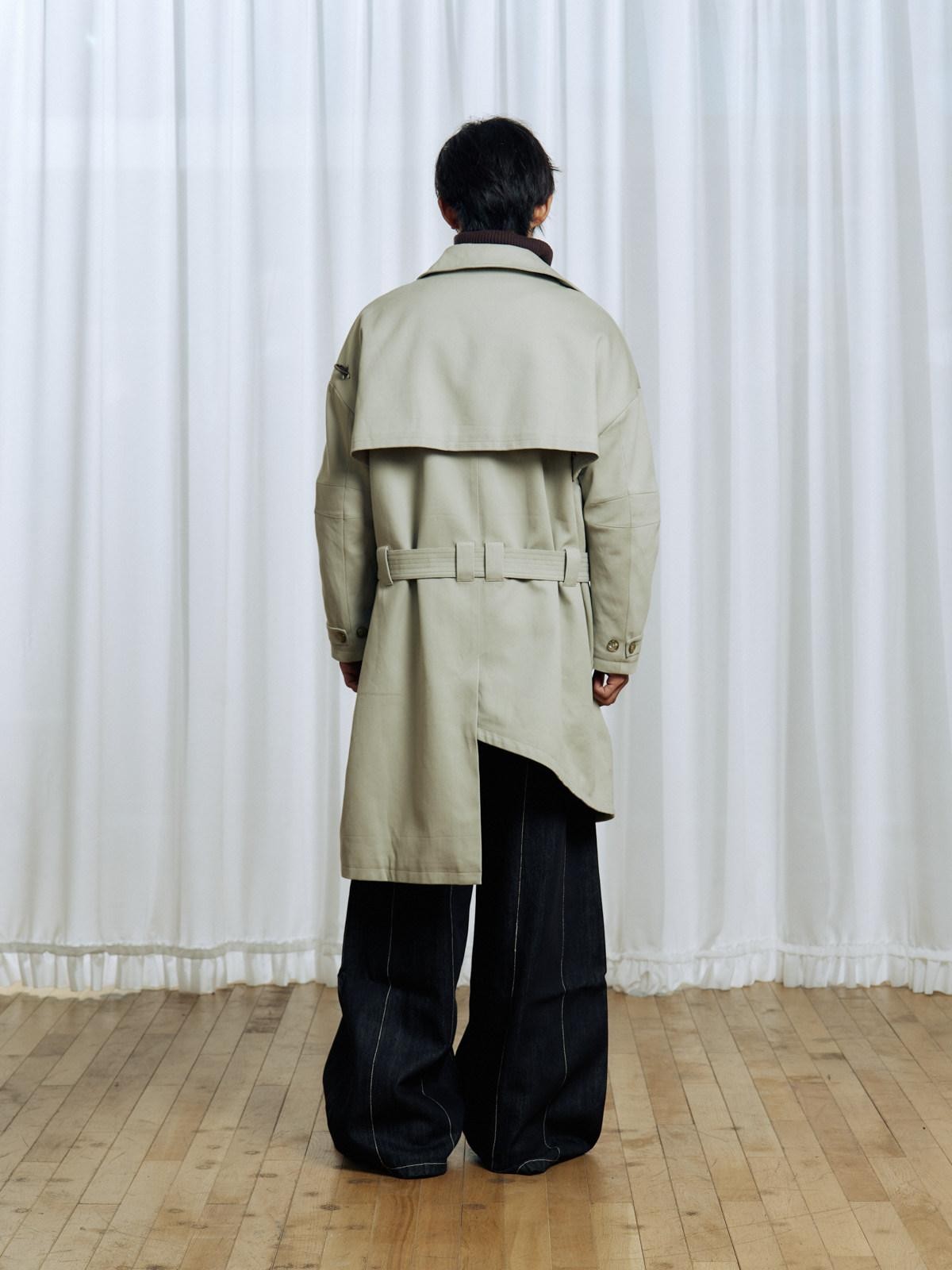 APRIORITY Off White Asymmetric Metal Buckle Women's Cotton Lyocell Blend Long Trench Coats