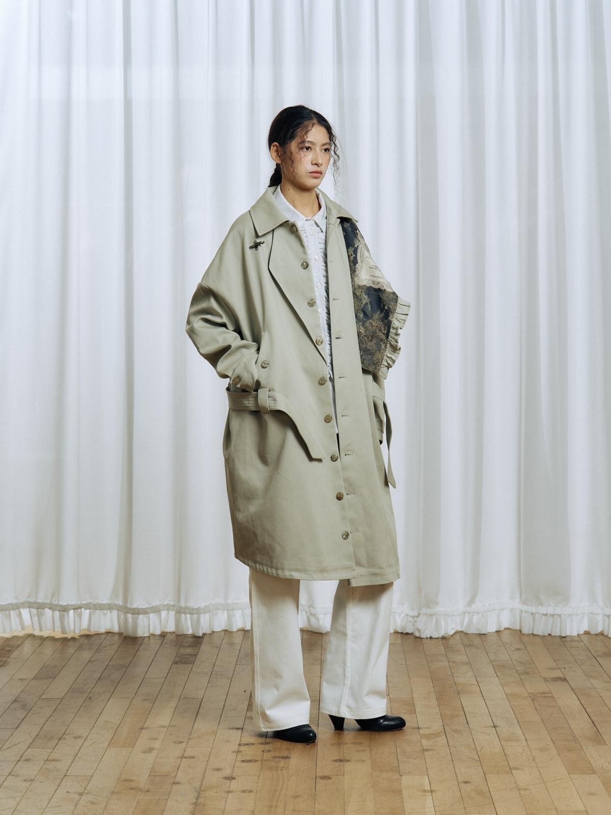 APRIORITY Off White Asymmetric Metal Buckle Women's Cotton Lyocell Blend Long Trench Coats