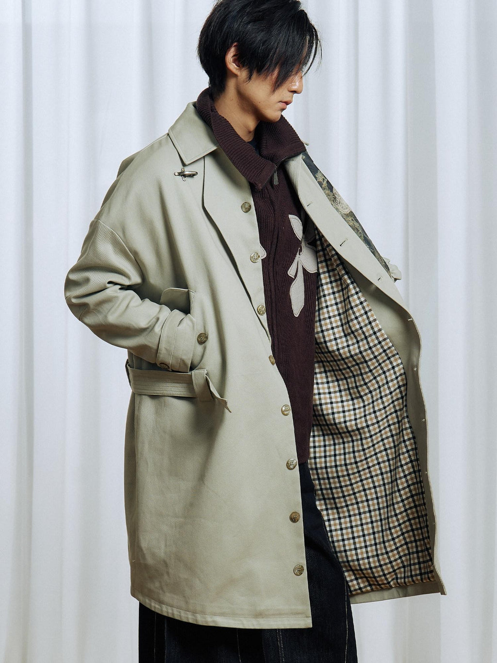 APRIORITY Off White Asymmetric Metal Buckle Women's Cotton Lyocell Blend Long Trench Coats