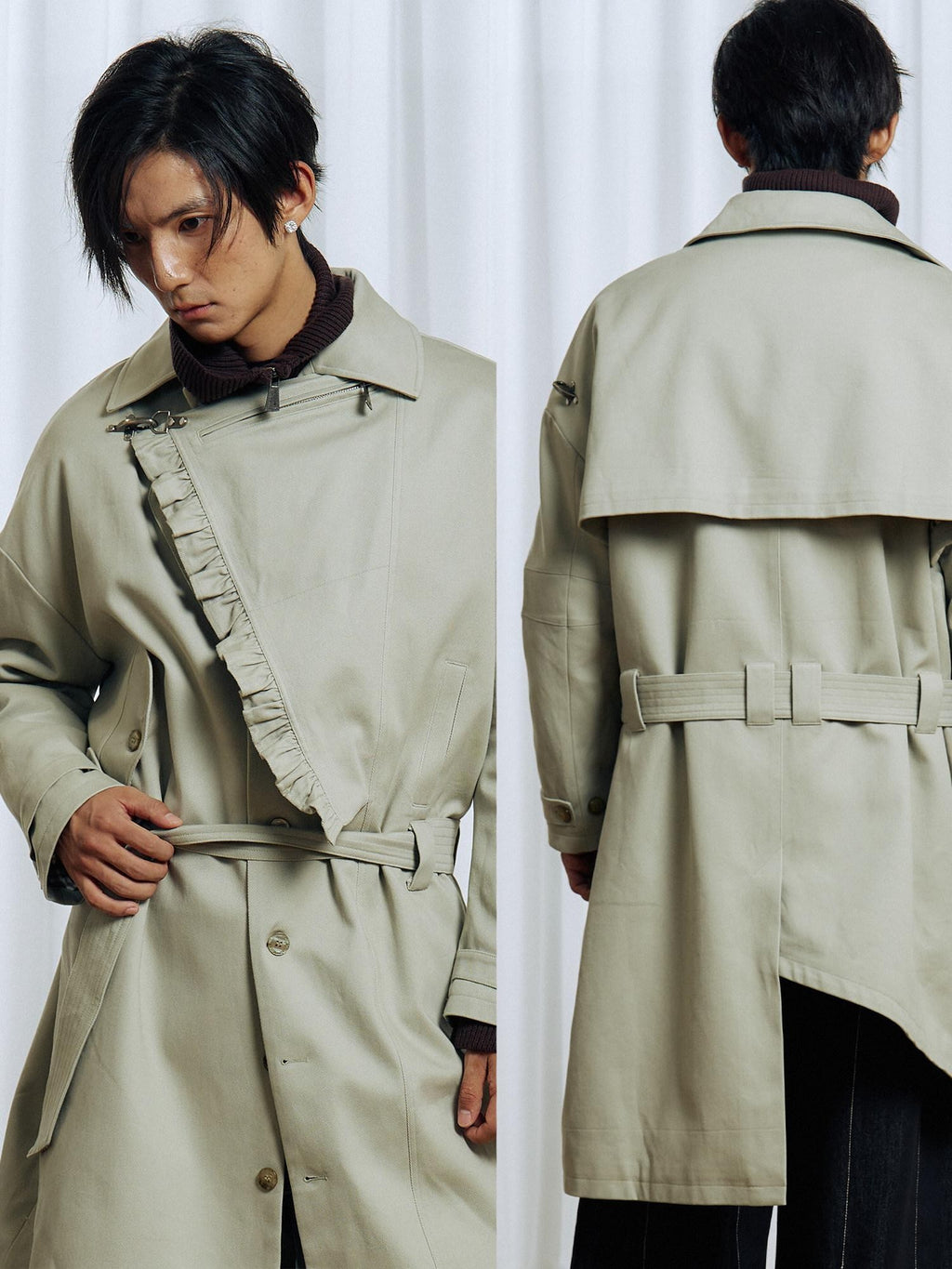 APRIORITY Off White Asymmetric Metal Buckle Women's Cotton Lyocell Blend Long Trench Coats