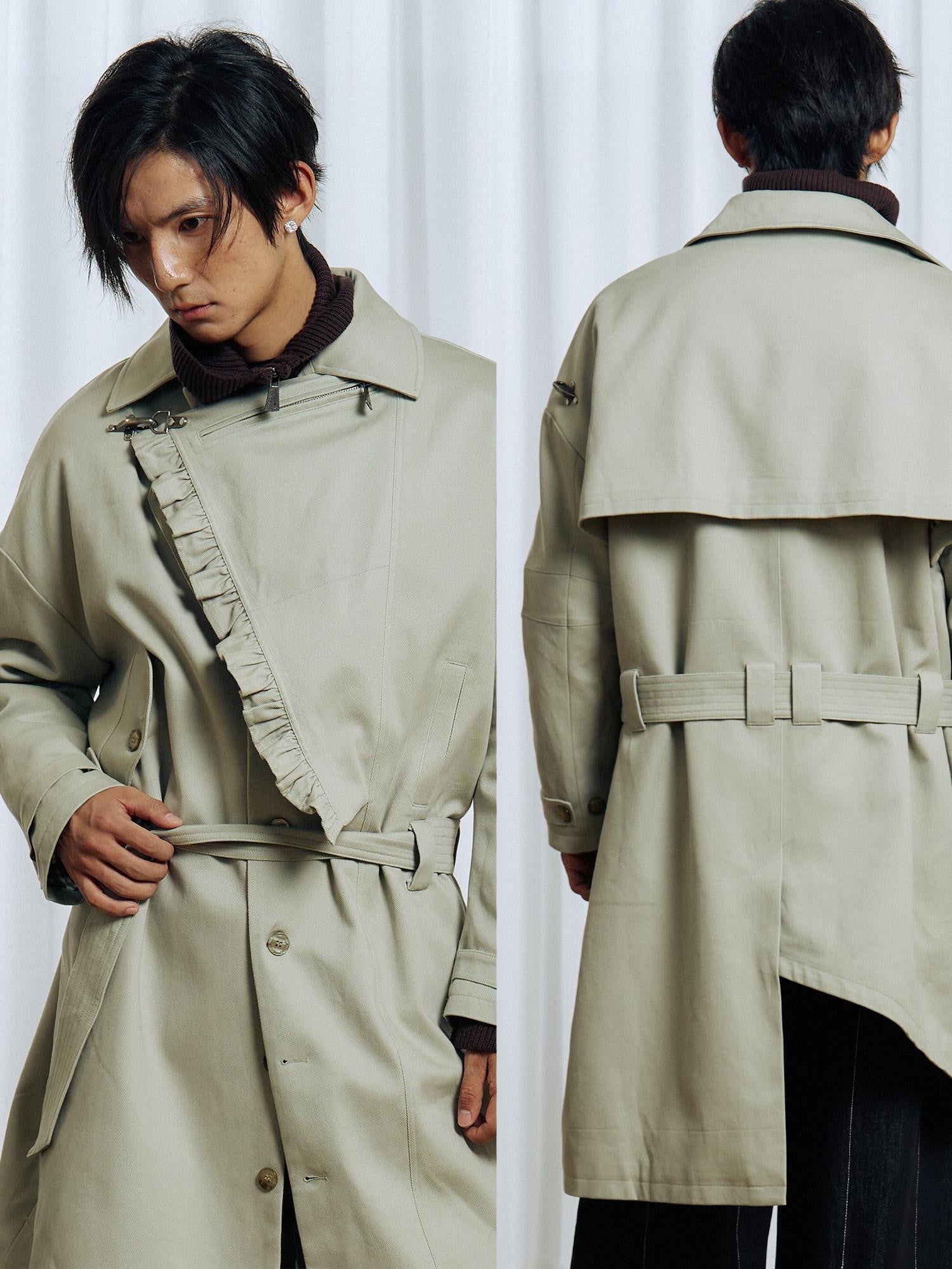 APRIORITY Off White Asymmetric Metal Buckle Women's Cotton Lyocell Blend Long Trench Coats