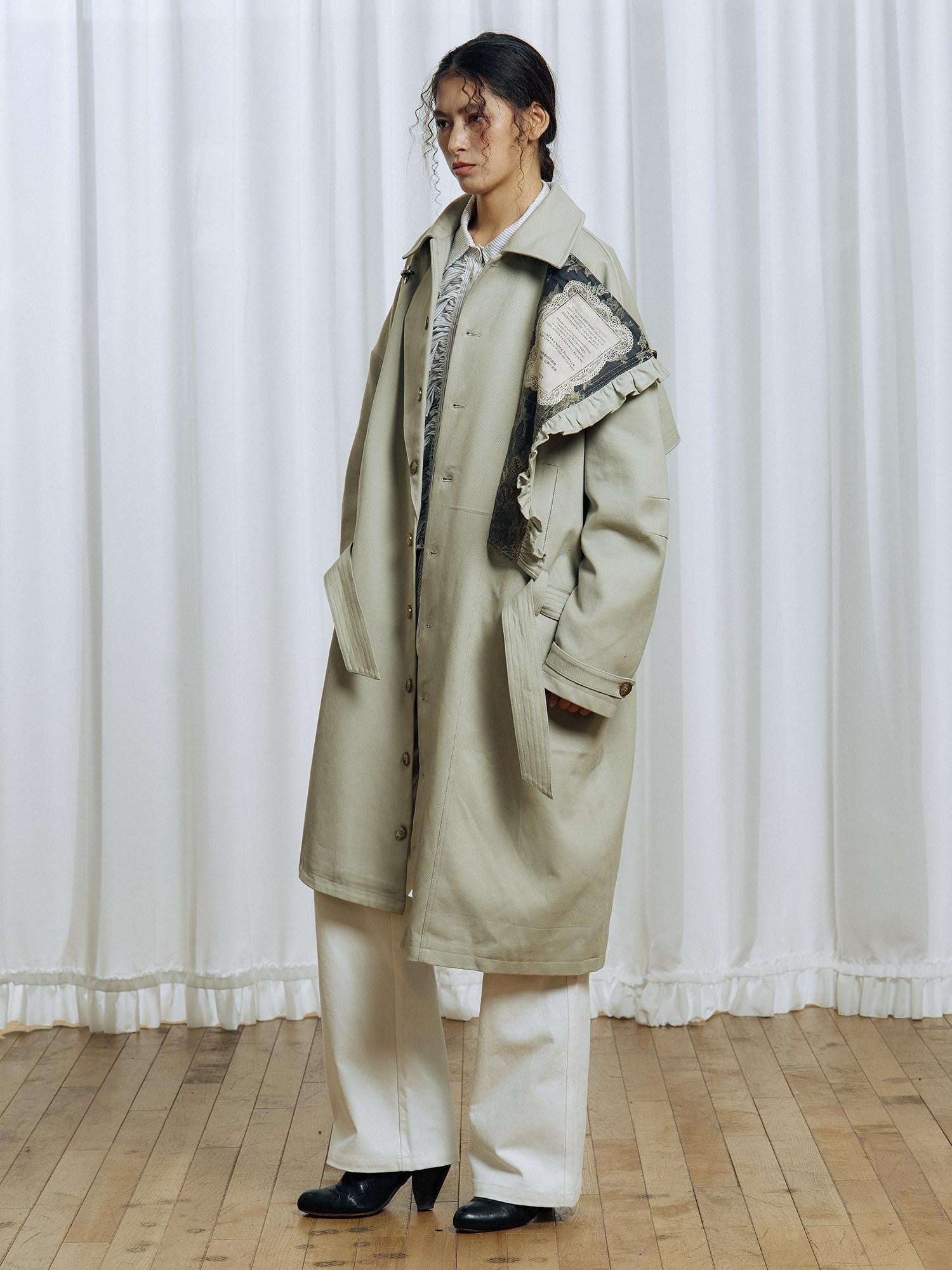 APRIORITY Off White Asymmetric Metal Buckle Women's Cotton Lyocell Blend Long Trench Coats
