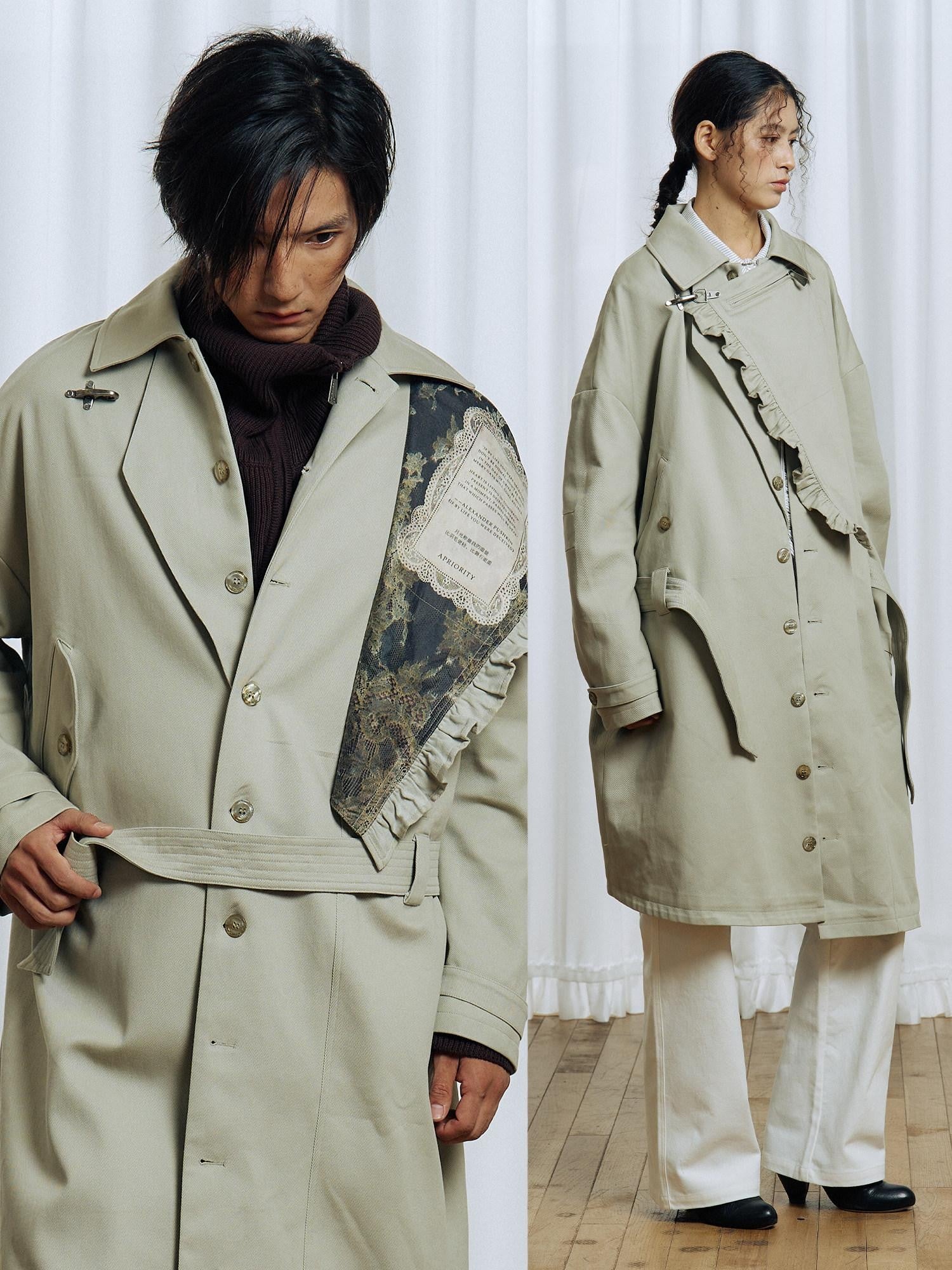 APRIORITY Off White Asymmetric Metal Buckle Women's Cotton Lyocell Blend Long Trench Coats