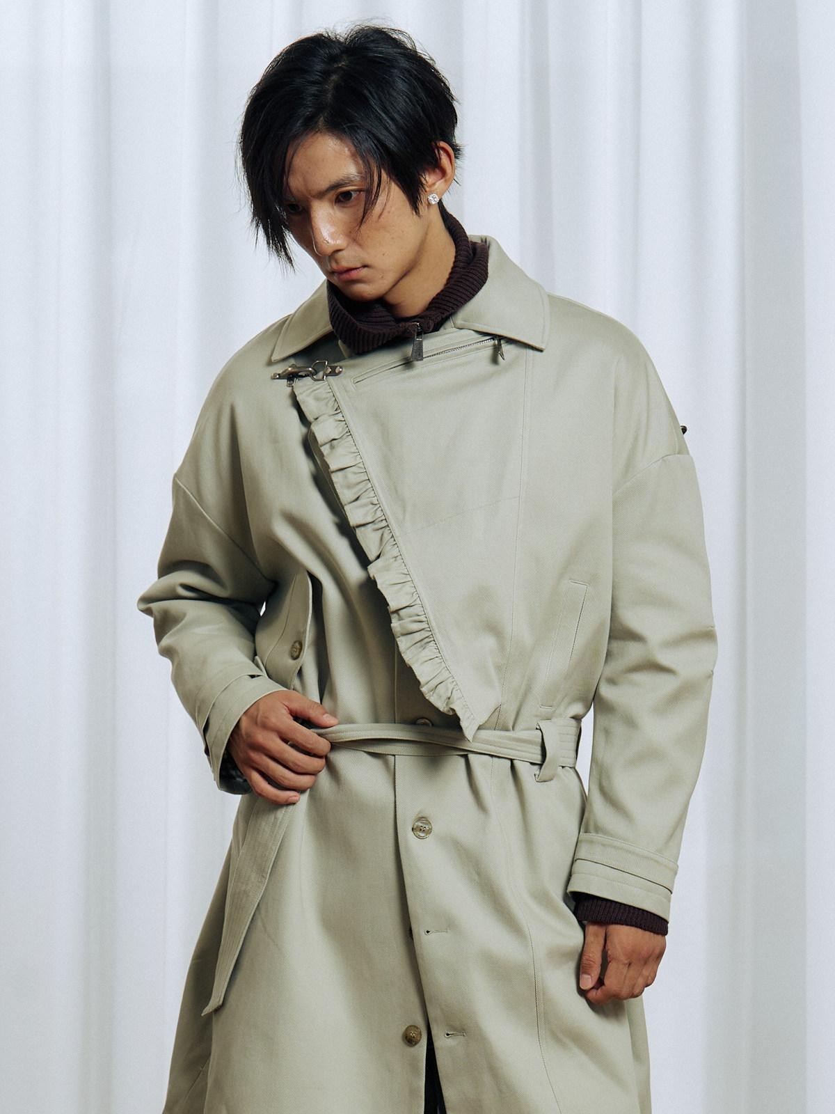 APRIORITY Off White Asymmetric Metal Buckle Women's Cotton Lyocell Blend Long Trench Coats
