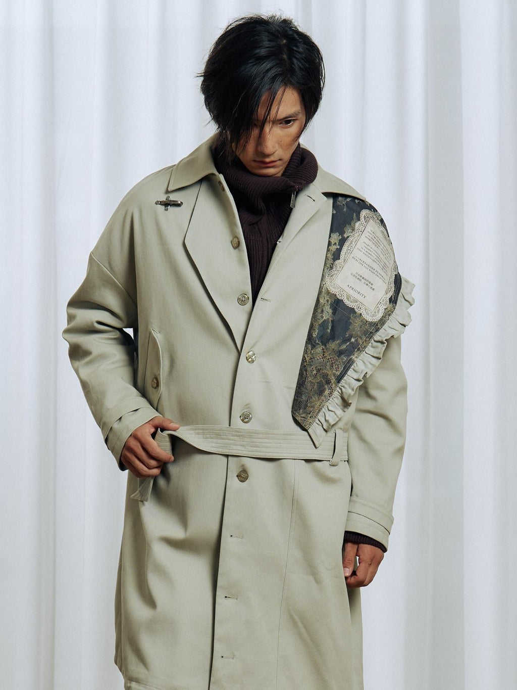 APRIORITY Off White Asymmetric Metal Buckle Women's Cotton Lyocell Blend Long Trench Coats