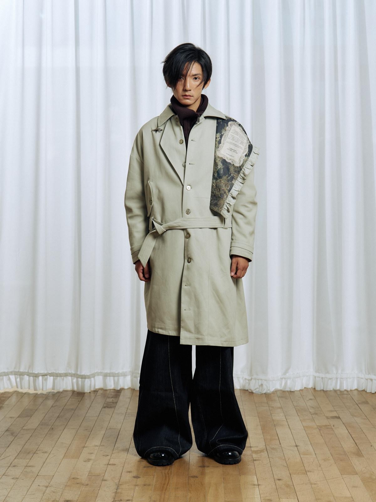 APRIORITY Off White Asymmetric Metal Buckle Women's Cotton Lyocell Blend Long Trench Coats