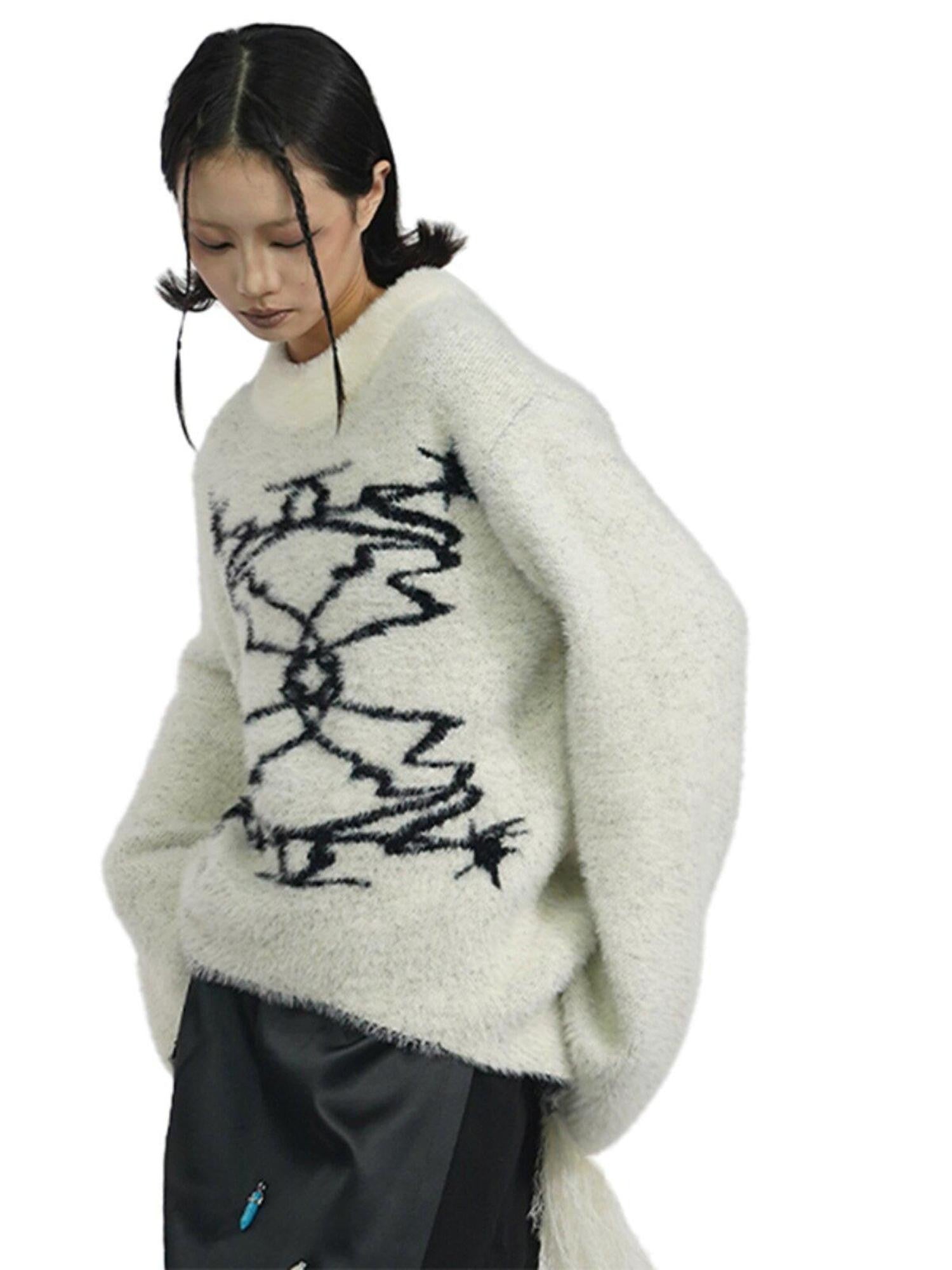 APRIORITY Off White Faux Mink Fur Tassel Loose Knit Women's Nylon Acrylic Sweaters