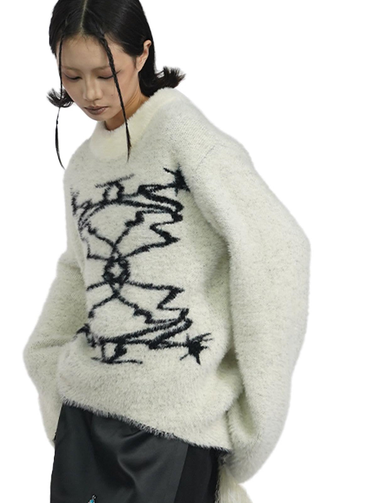 APRIORITY Off White Faux Mink Fur Tassel Loose Knit Women's Nylon Acrylic Sweaters