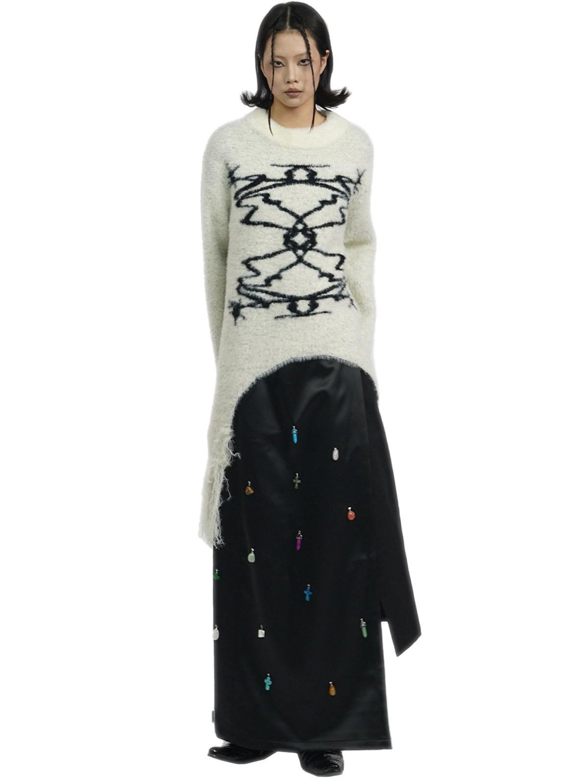 APRIORITY Off White Faux Mink Fur Tassel Loose Knit Women's Nylon Acrylic Sweaters
