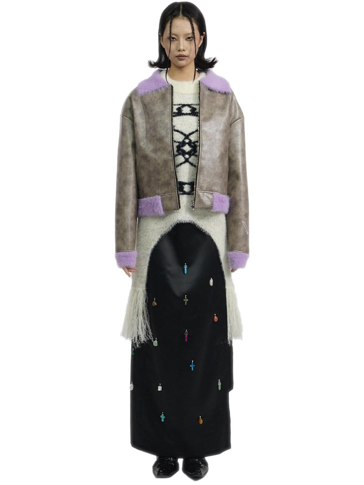 APRIORITY Off White Faux Mink Fur Tassel Loose Knit Women's Nylon Acrylic Sweaters