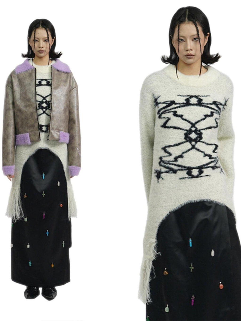 APRIORITY Off White Faux Mink Fur Tassel Loose Knit Women's Nylon Acrylic Sweaters