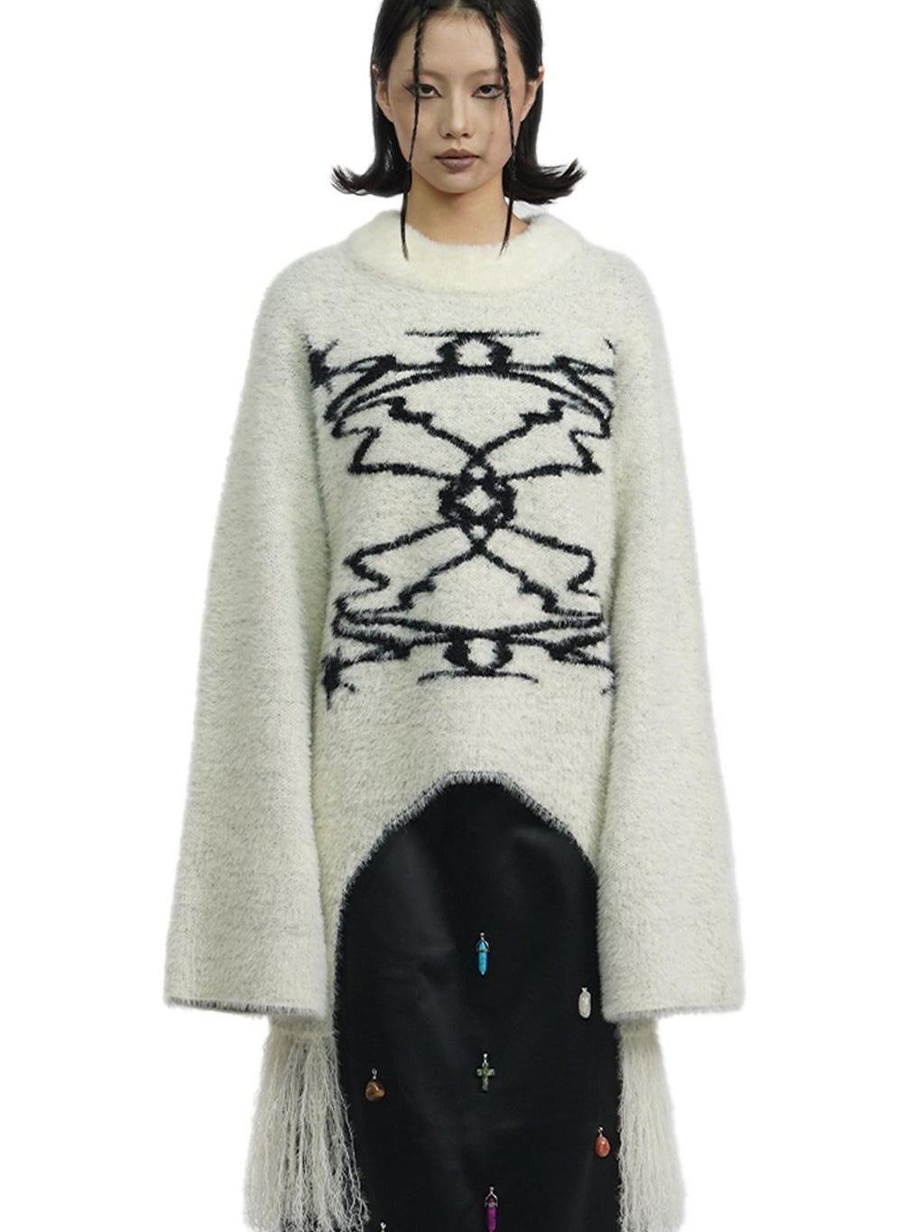 APRIORITY Off White Faux Mink Fur Tassel Loose Knit Women's Nylon Acrylic Sweaters