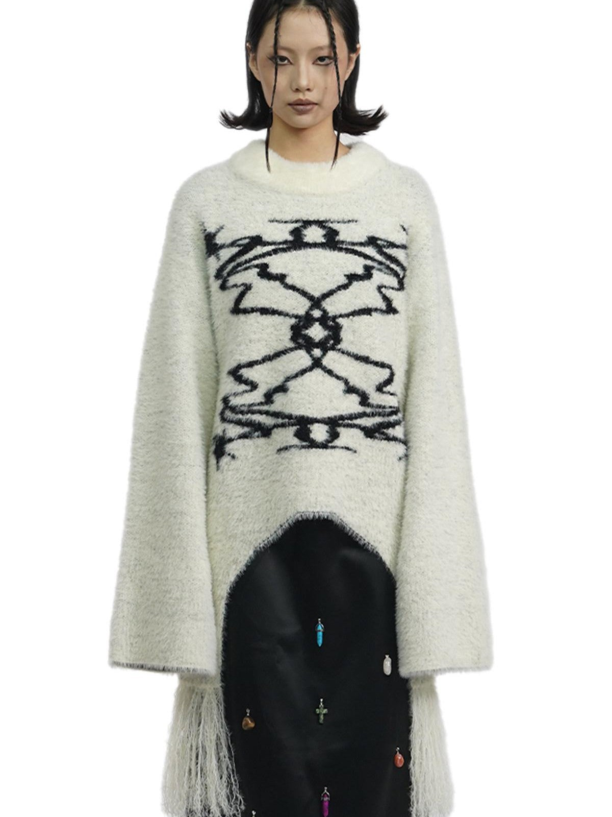 APRIORITY Off White Faux Mink Fur Tassel Loose Knit Women's Nylon Acrylic Sweaters