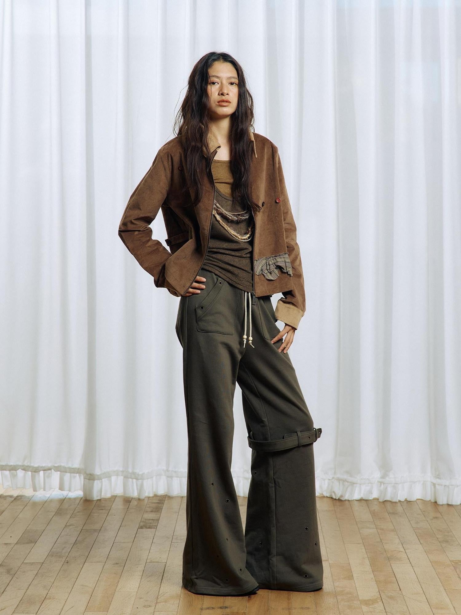 APRIORITY Olive Green Hollow Eyelet Ring Strap Slim Fit Women's Pure Cotton Wide-leg Pants