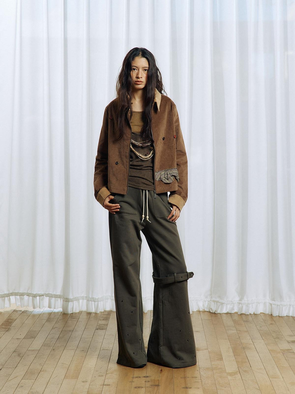APRIORITY Olive Green Hollow Eyelet Ring Strap Slim Fit Women's Pure Cotton Wide-leg Pants