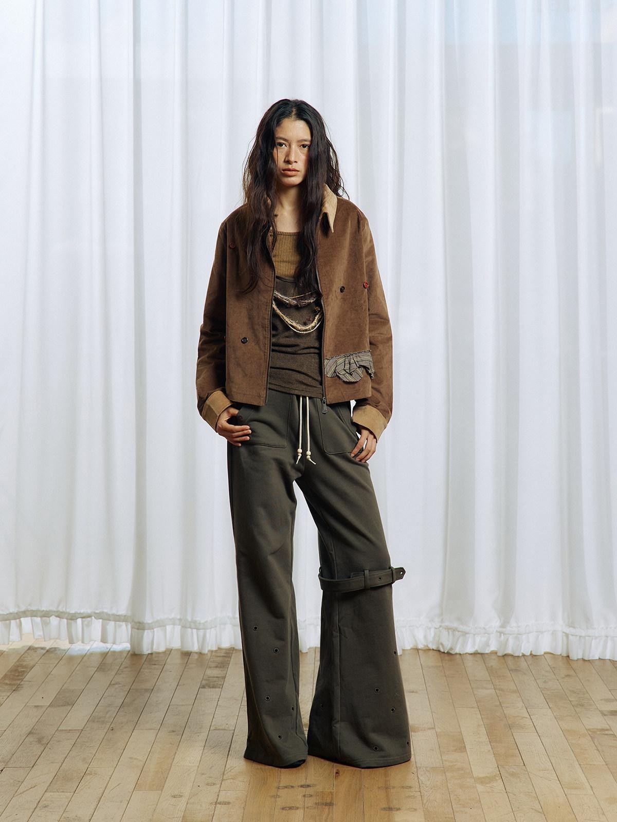 APRIORITY Olive Green Hollow Eyelet Ring Strap Slim Fit Women's Pure Cotton Wide-leg Pants