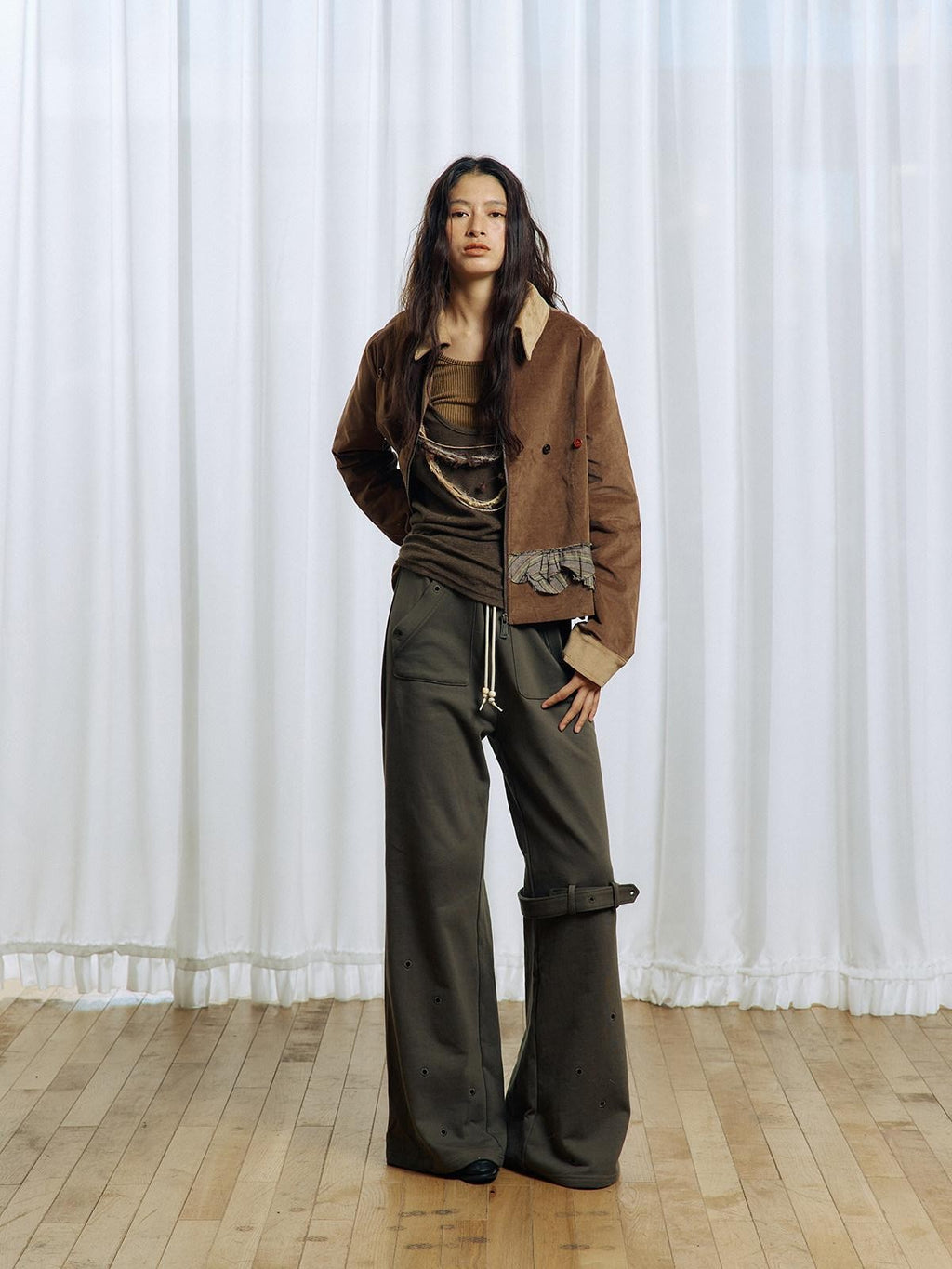APRIORITY Olive Green Hollow Eyelet Ring Strap Slim Fit Women's Pure Cotton Wide-leg Pants
