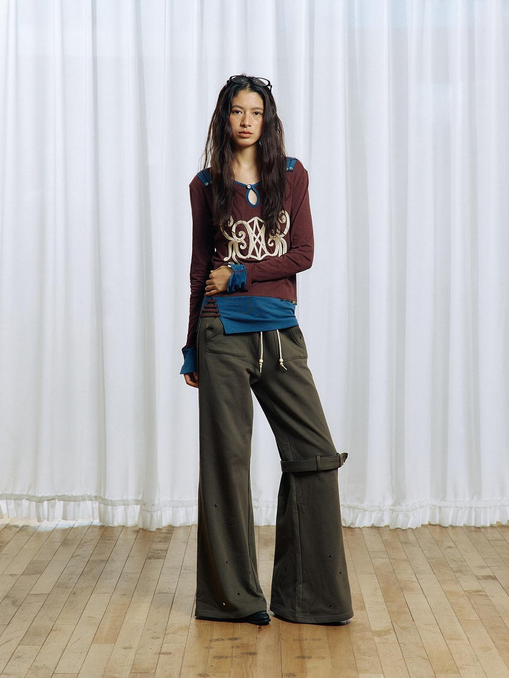 APRIORITY Olive Green Hollow Eyelet Ring Strap Slim Fit Women's Pure Cotton Wide-leg Pants