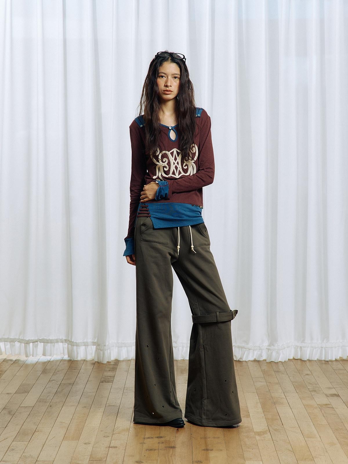 APRIORITY Olive Green Hollow Eyelet Ring Strap Slim Fit Women's Pure Cotton Wide-leg Pants