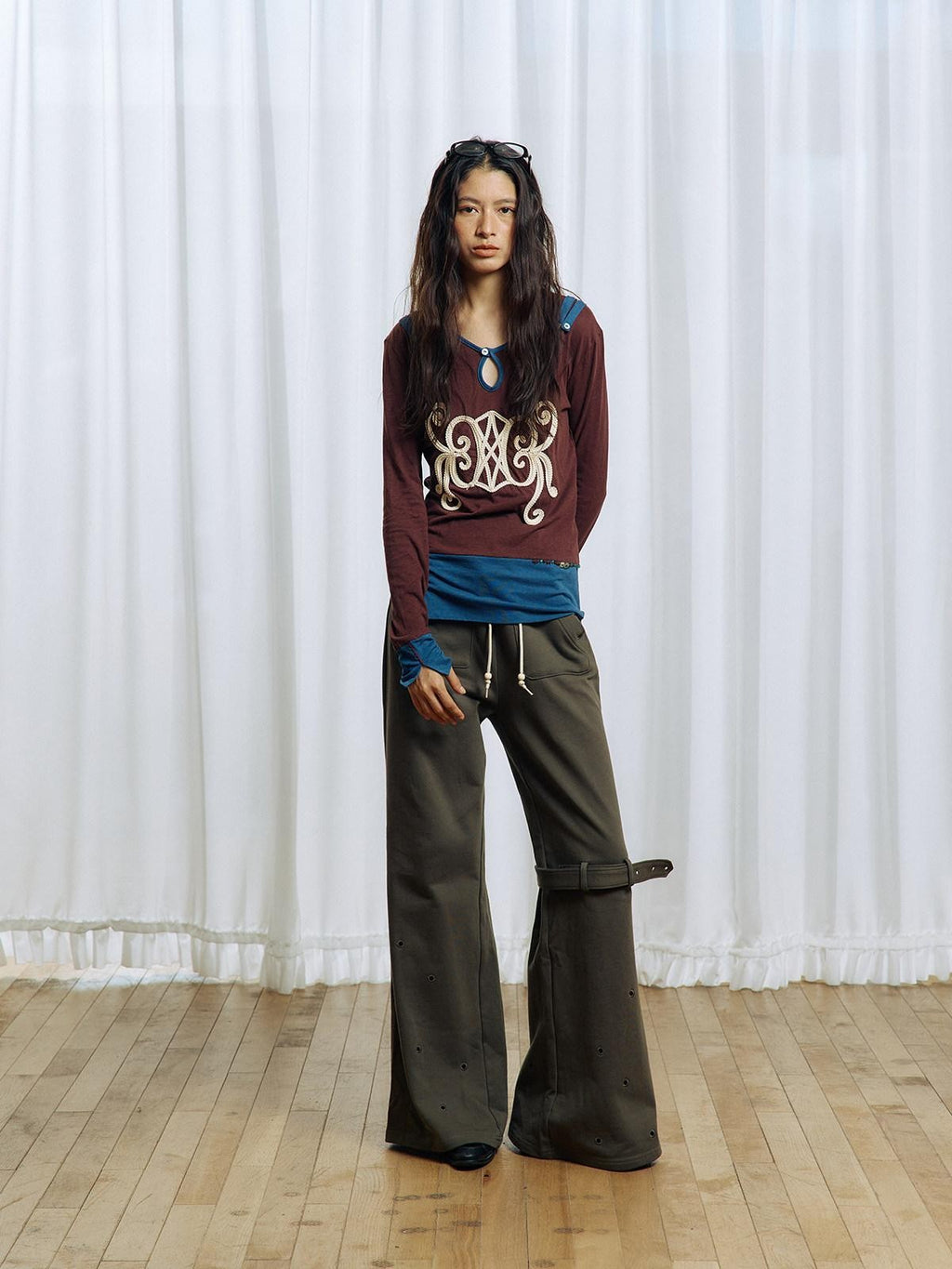APRIORITY Olive Green Hollow Eyelet Ring Strap Slim Fit Women's Pure Cotton Wide-leg Pants