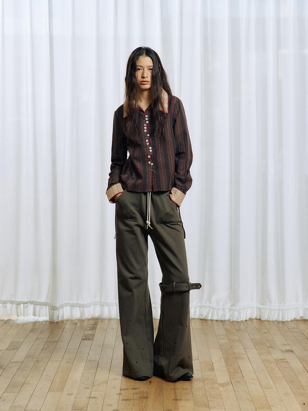 APRIORITY Olive Green Hollow Eyelet Ring Strap Slim Fit Women's Pure Cotton Wide-leg Pants