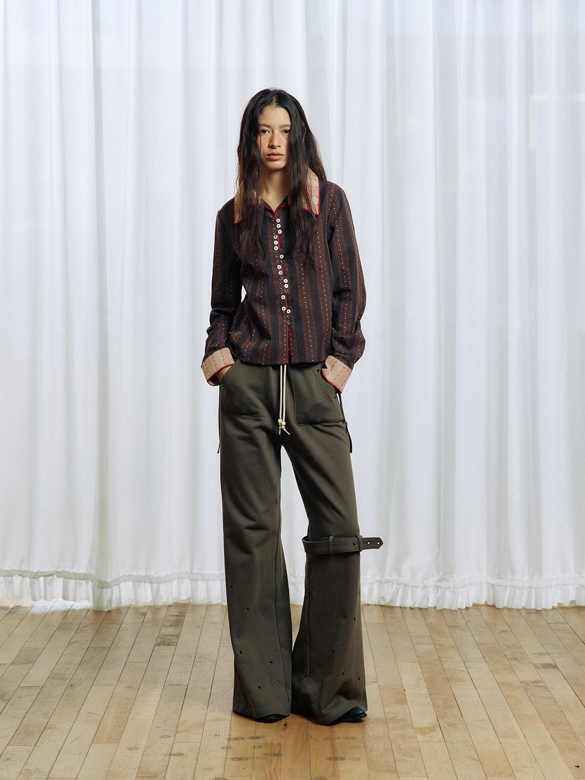 APRIORITY Olive Green Hollow Eyelet Ring Strap Slim Fit Women's Pure Cotton Wide-leg Pants