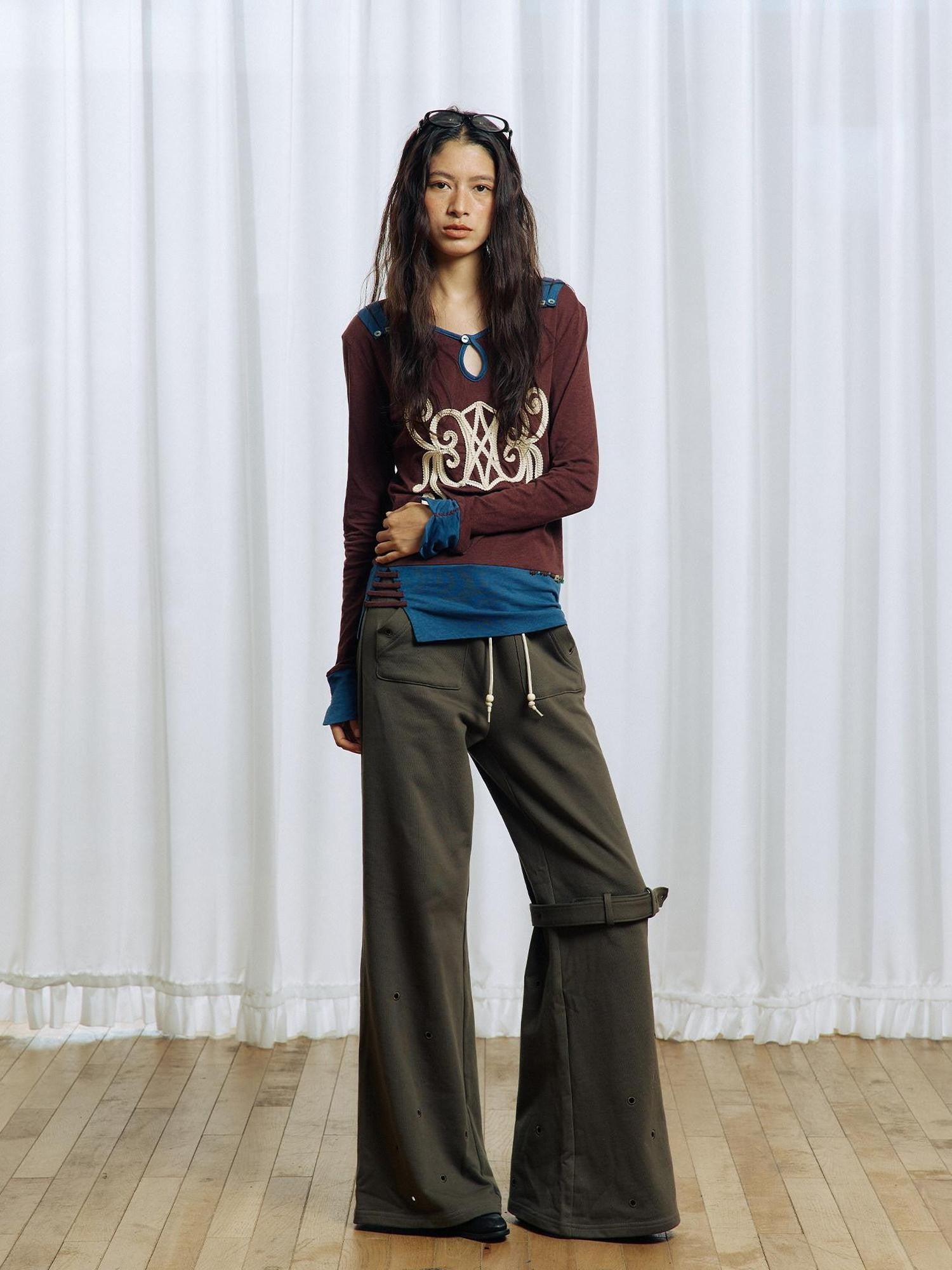 APRIORITY Olive Green Hollow Eyelet Ring Strap Slim Fit Women's Pure Cotton Wide-leg Pants