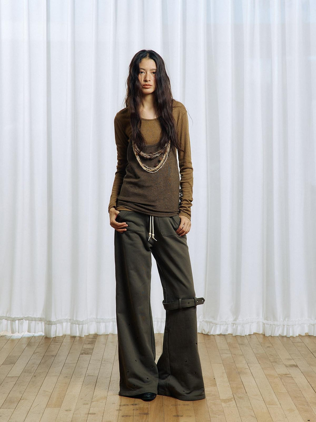 APRIORITY Olive Green Hollow Eyelet Ring Strap Slim Fit Women's Pure Cotton Wide-leg Pants