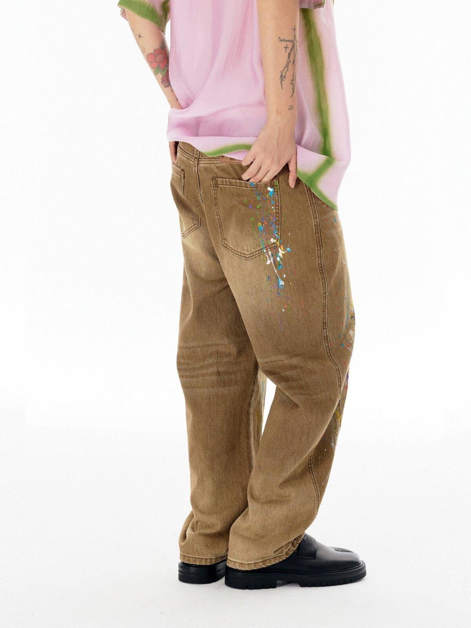 APRIORITY Paint Splatter Distressed Vintage Washed Wide Straight Women's Denim Chinos