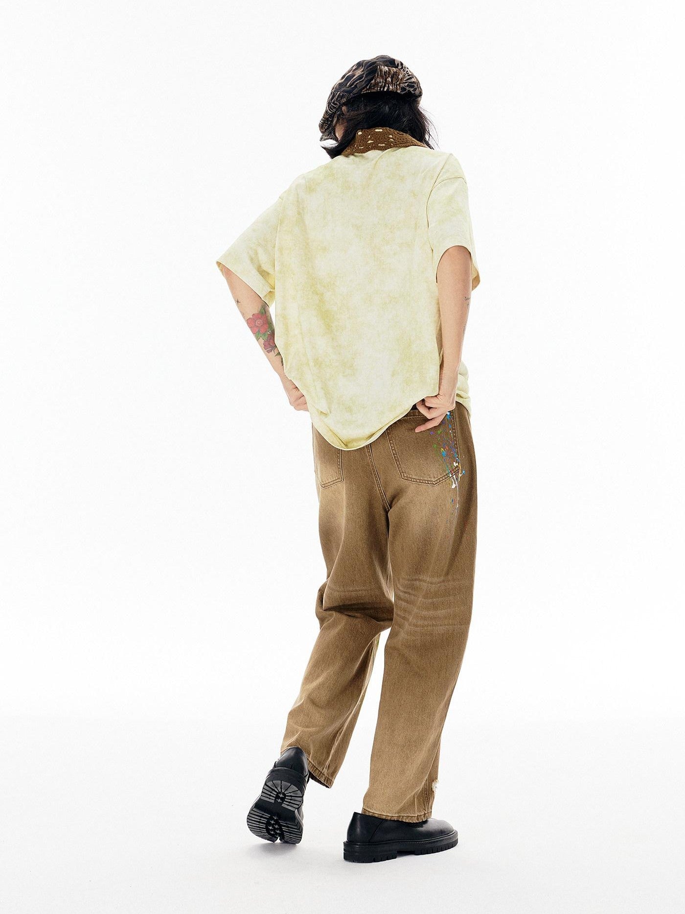 APRIORITY Paint Splatter Distressed Vintage Washed Wide Straight Women's Denim Chinos
