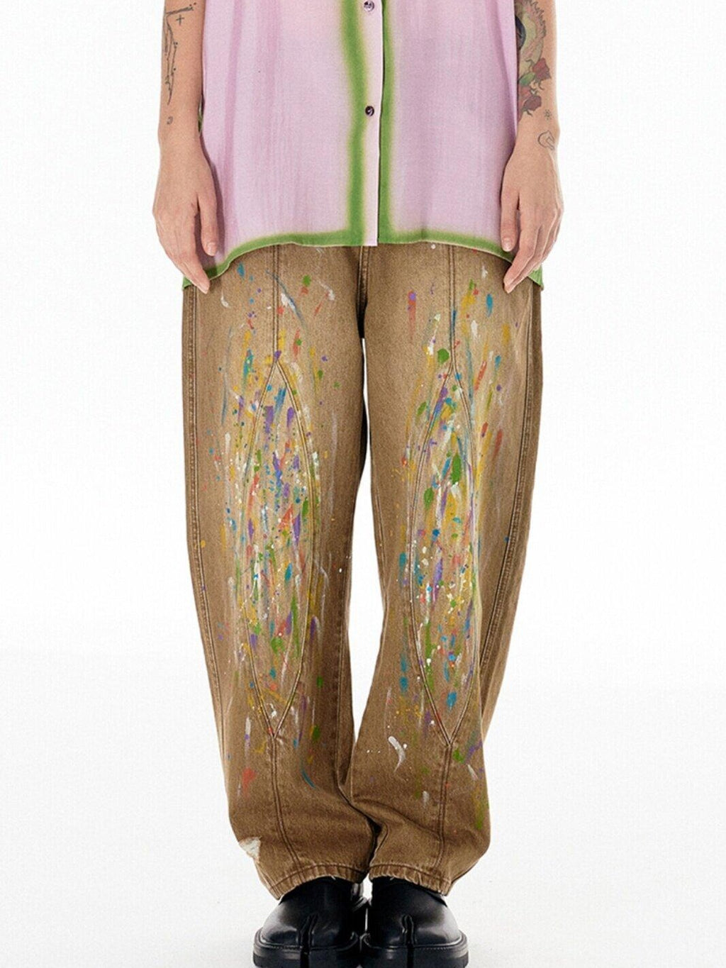 APRIORITY Paint Splatter Distressed Vintage Washed Wide Straight Women's Denim Chinos